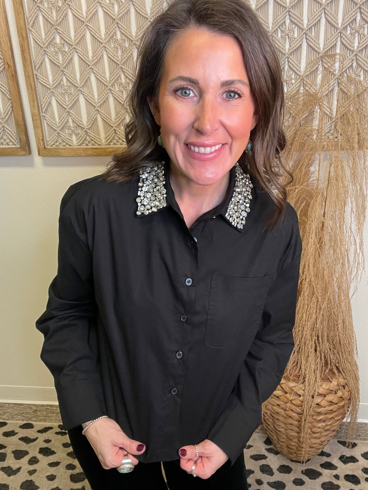 Elan Emily Rhinestone Top-Black-Long Sleeve Tops-elan-The Silo Boutique, Women's Fashion Boutique Located in Warren and Grand Forks North Dakota