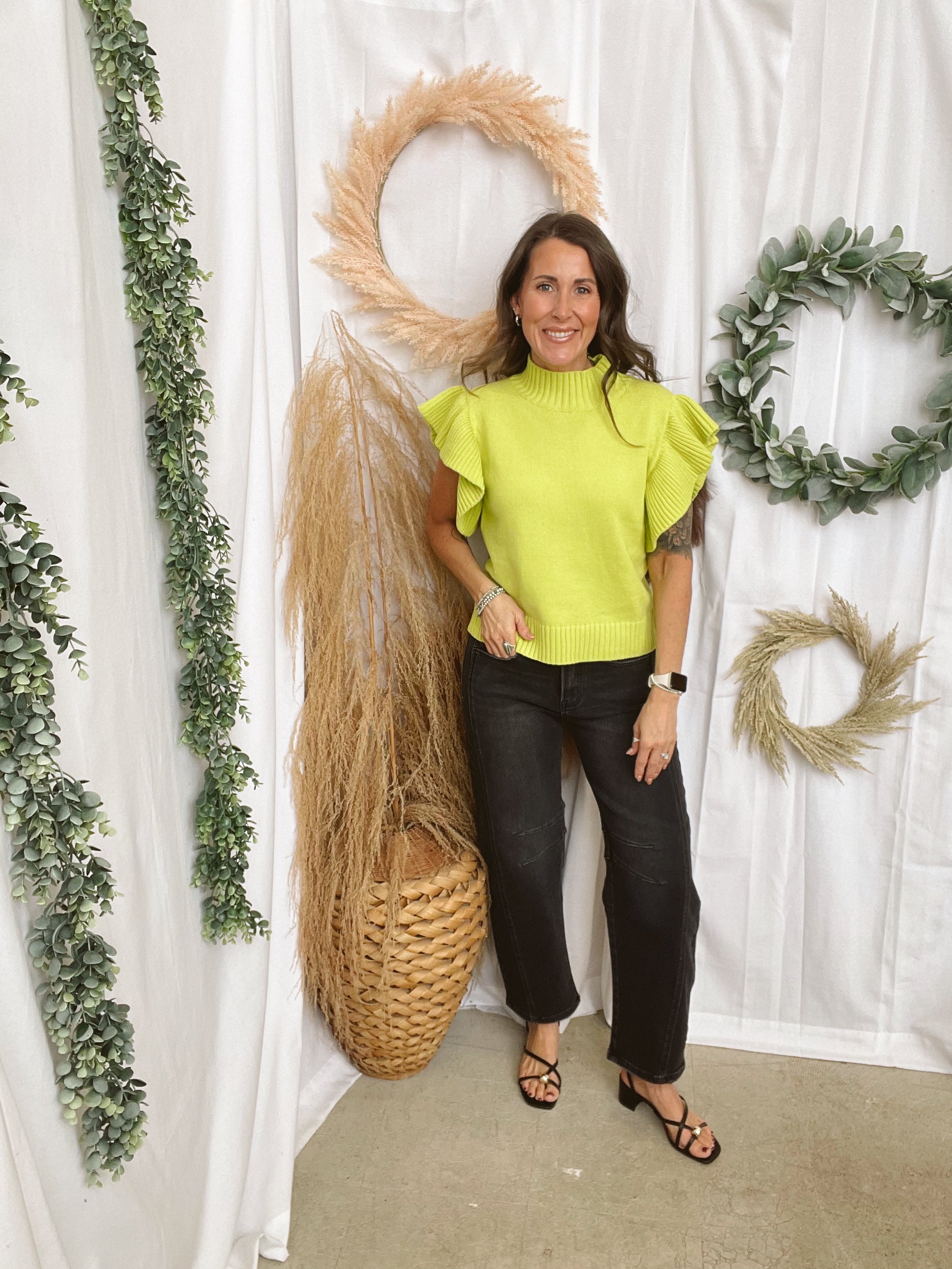 Ella Chartreuse Sweater Top-Short Sleeve Tops-ENTRO-The Silo Boutique, Women's Fashion Boutique Located in Warren and Grand Forks North Dakota