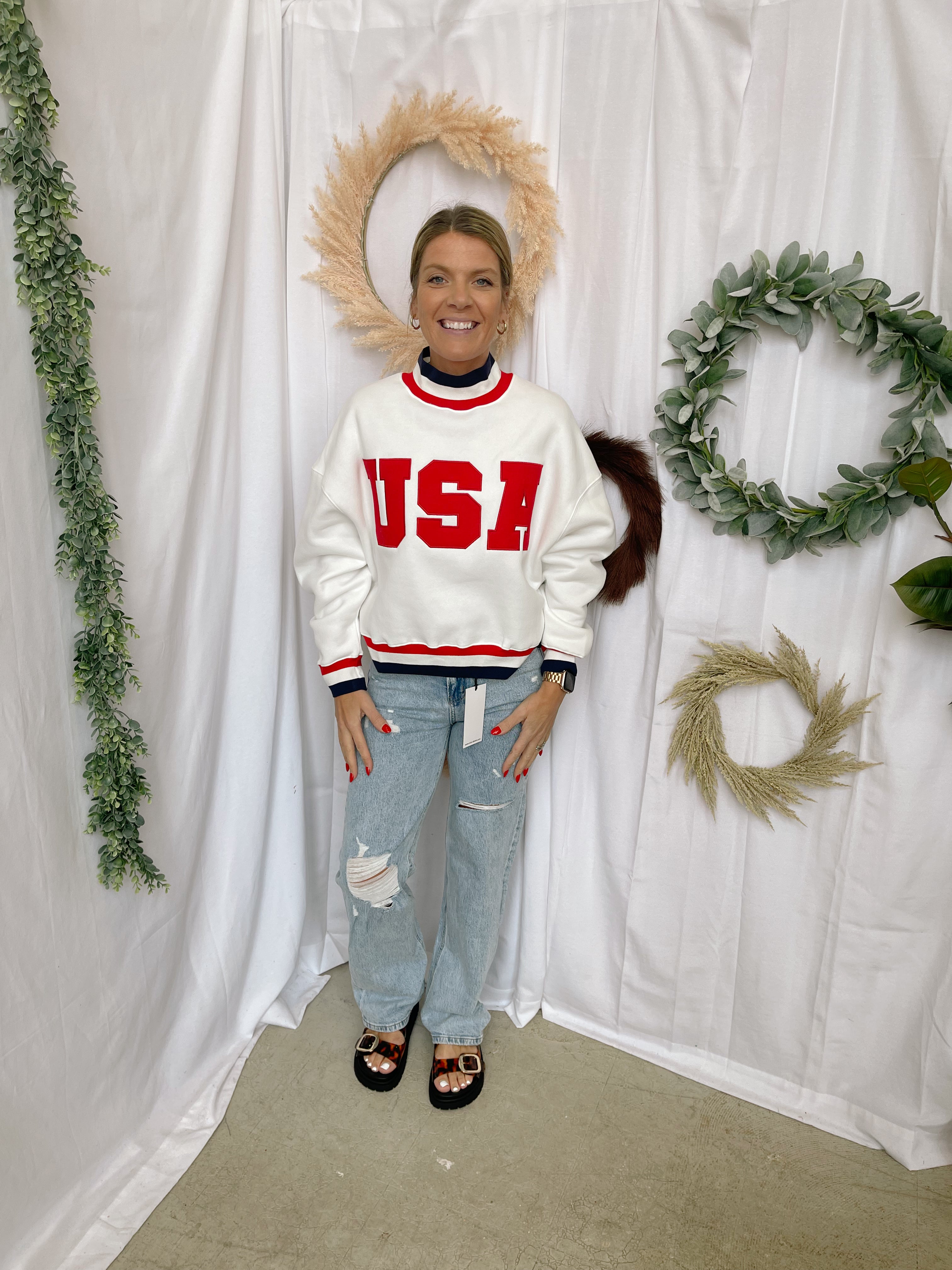 White USA Mock Neck Sweatshirt-Sweatshirts-tcec-The Silo Boutique, Women's Fashion Boutique Located in Warren and Grand Forks North Dakota