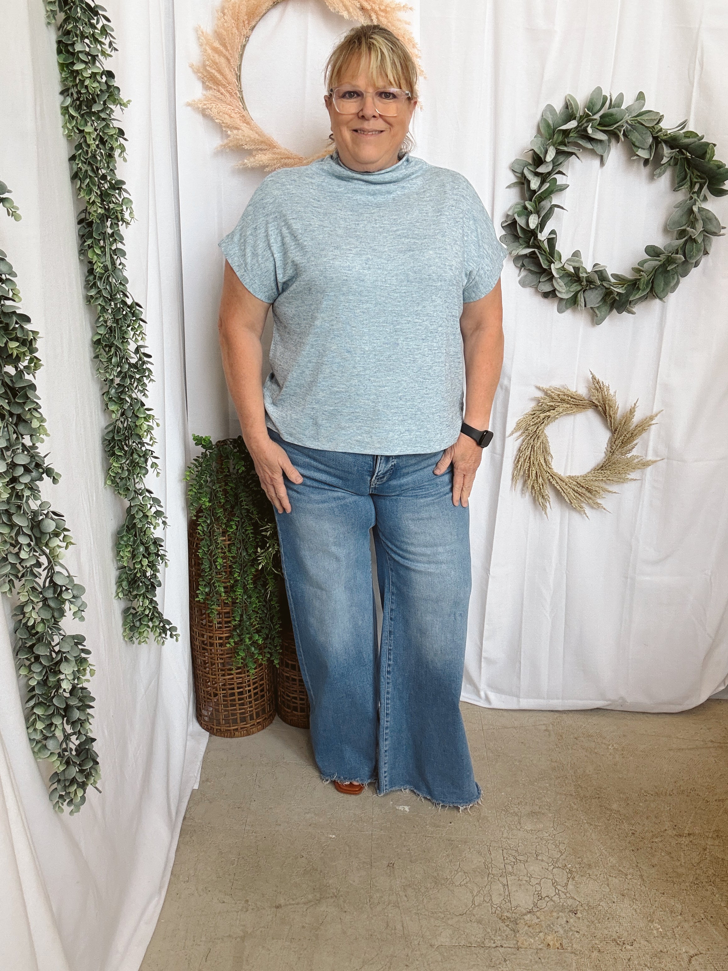 Becca Basic Mock Short Sleeve Top-Blue-Short Sleeve Tops-entro-The Silo Boutique, Women's Fashion Boutique Located in Warren and Grand Forks North Dakota