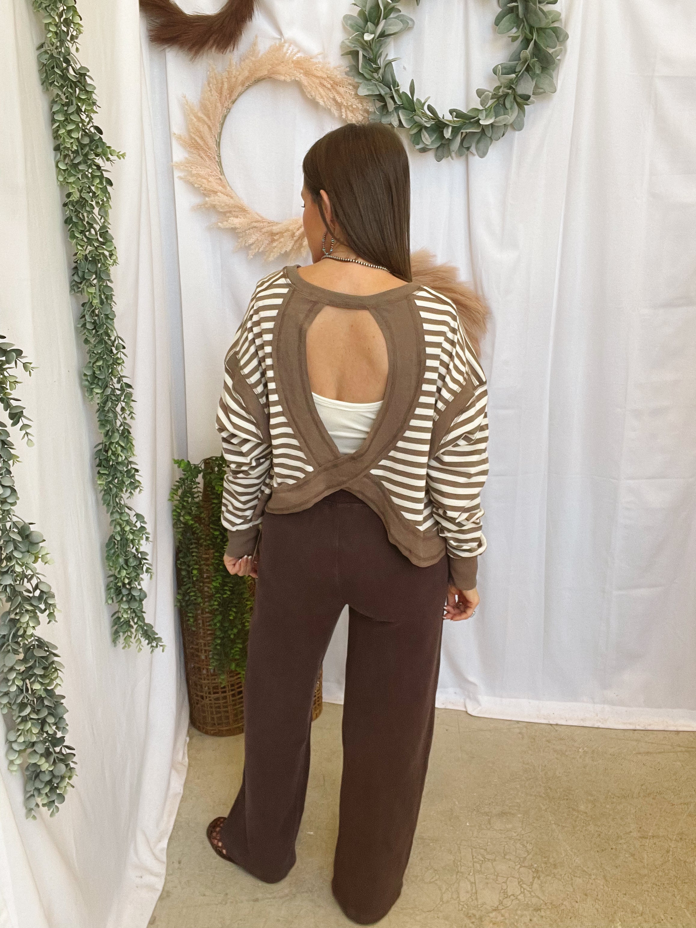 Talia Open Back Sweatshirt-Mocha-sweashirts-hyfve-The Silo Boutique, Women's Fashion Boutique Located in Warren and Grand Forks North Dakota