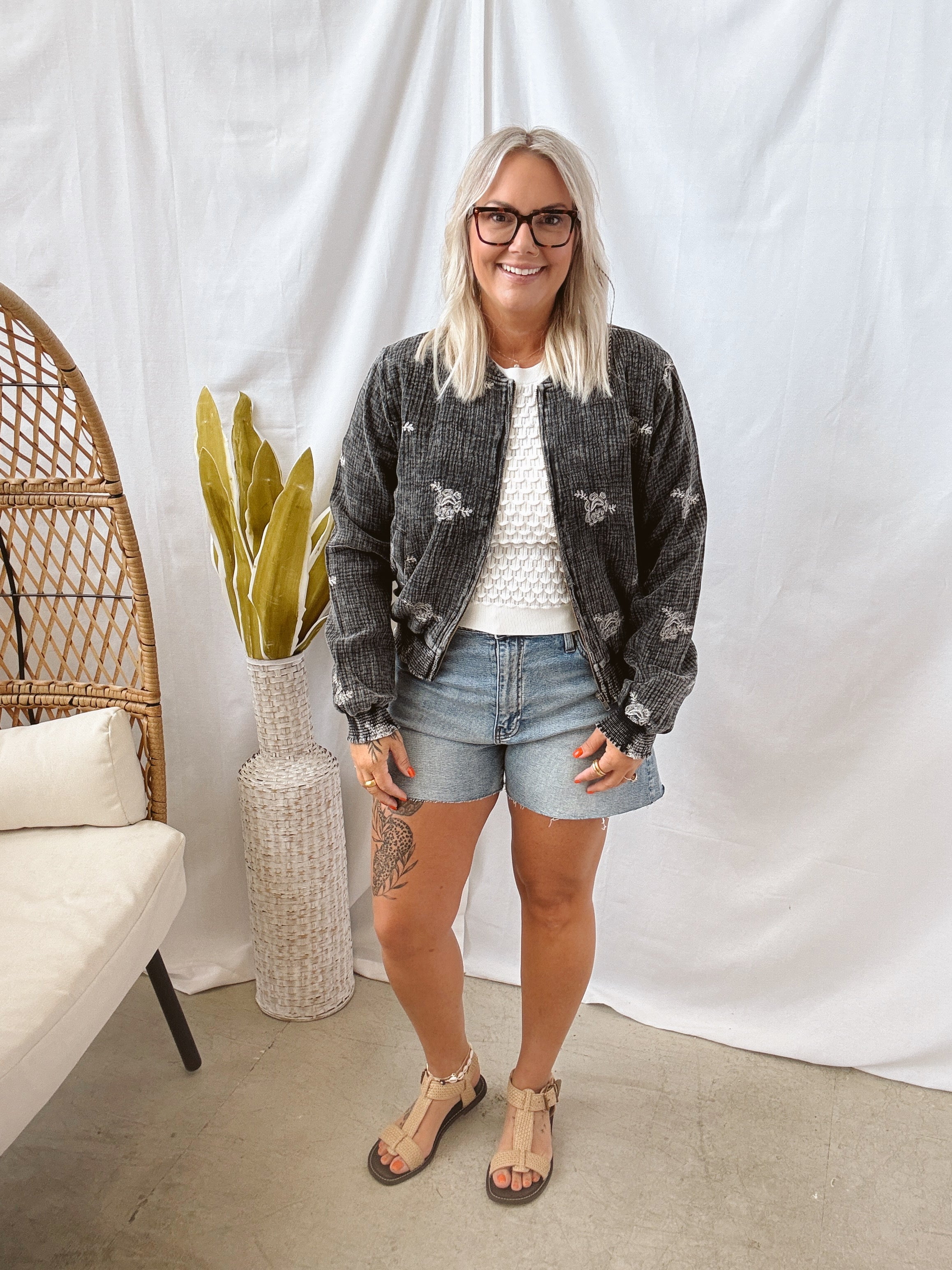 Washed Black Embroidery Bomber Jacket-Coats & Jackets-mystree-The Silo Boutique, Women's Fashion Boutique Located in Warren and Grand Forks North Dakota