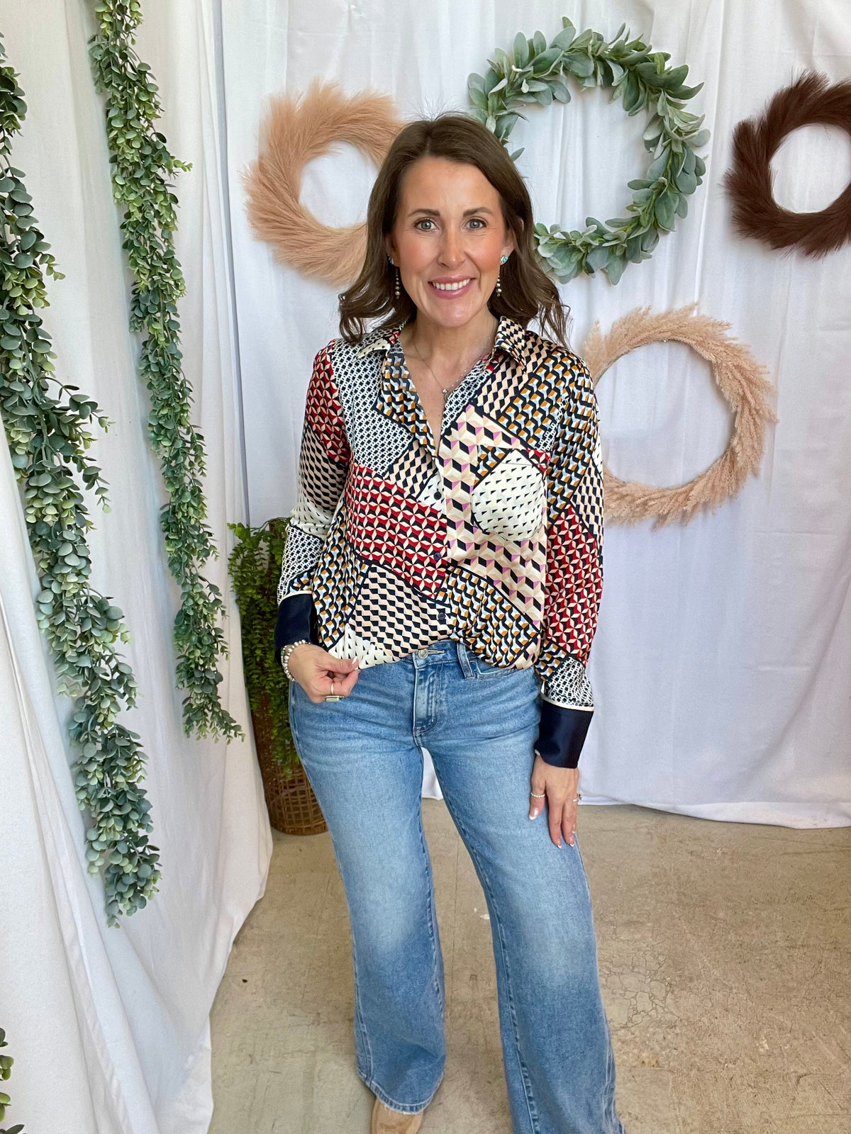 Skies Geo Patchwork Blouse-Long Sleeve Tops-skies are blue-The Silo Boutique, Women's Fashion Boutique Located in Warren and Grand Forks North Dakota