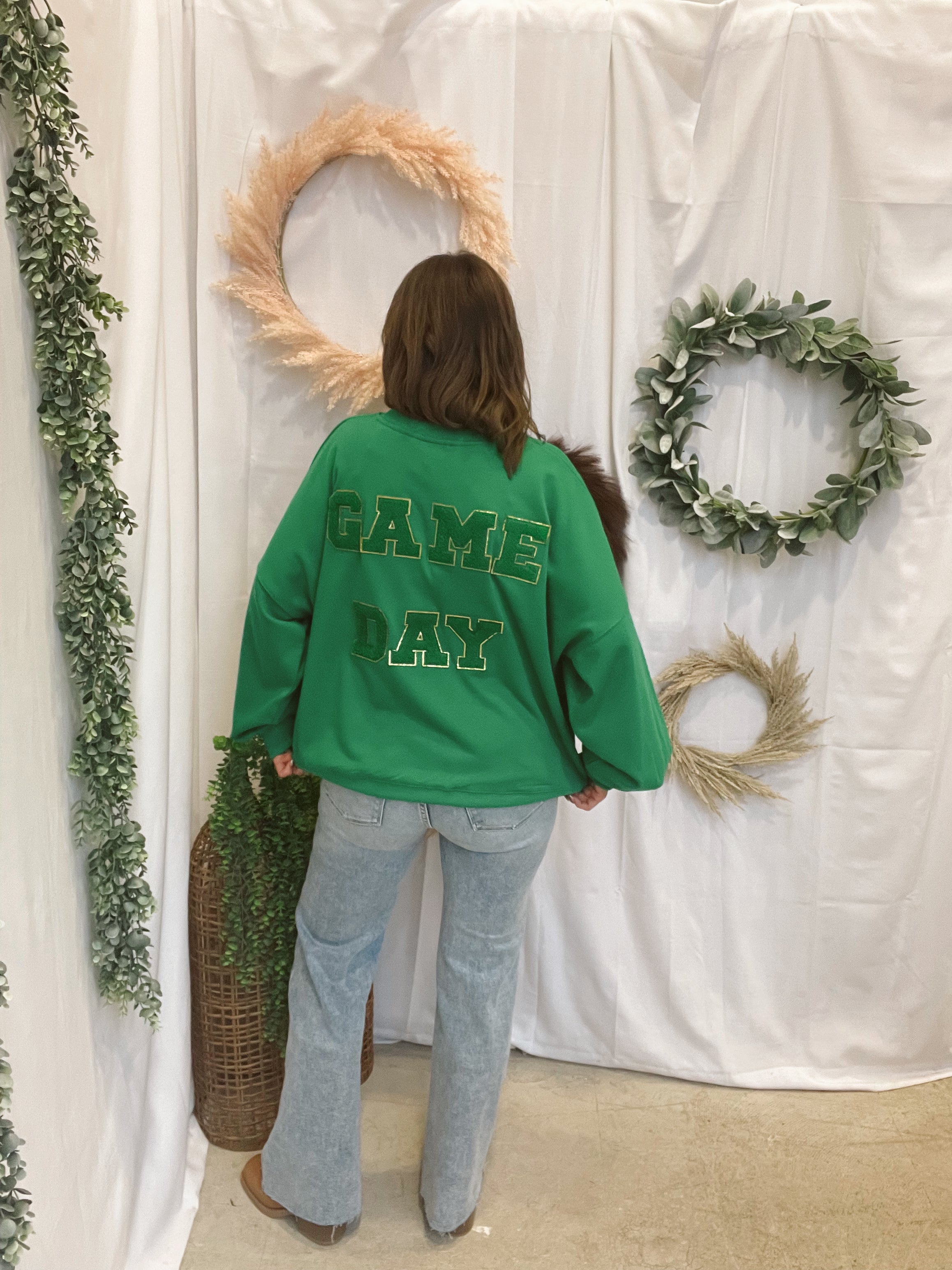 Golden Game Day Football Sweatshirt-Green-Sweatshirts-timing-The Silo Boutique, Women's Fashion Boutique Located in Warren and Grand Forks North Dakota