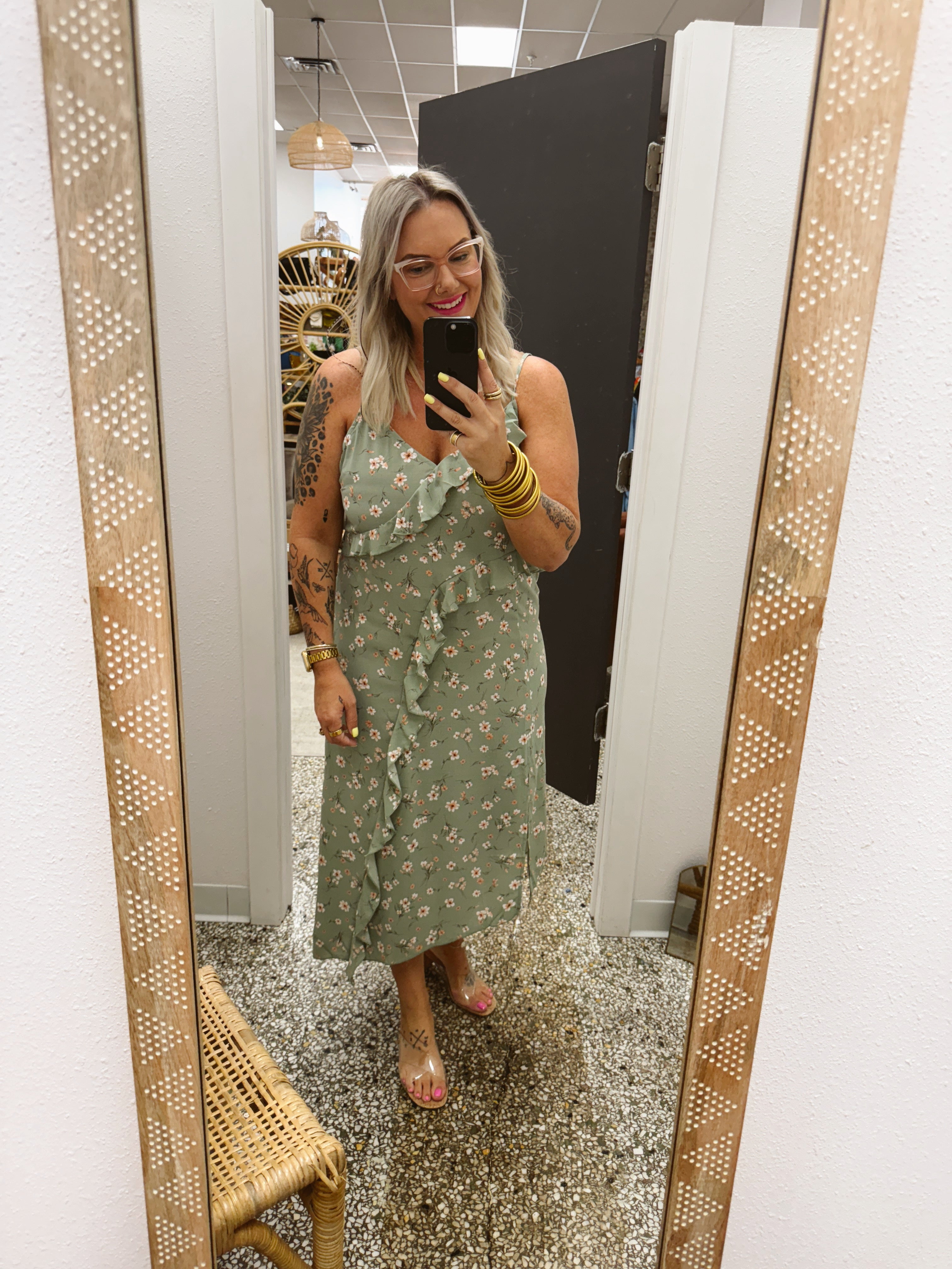 Olive Floral Dress-Dresses-hem and thread-The Silo Boutique, Women's Fashion Boutique Located in Warren and Grand Forks North Dakota