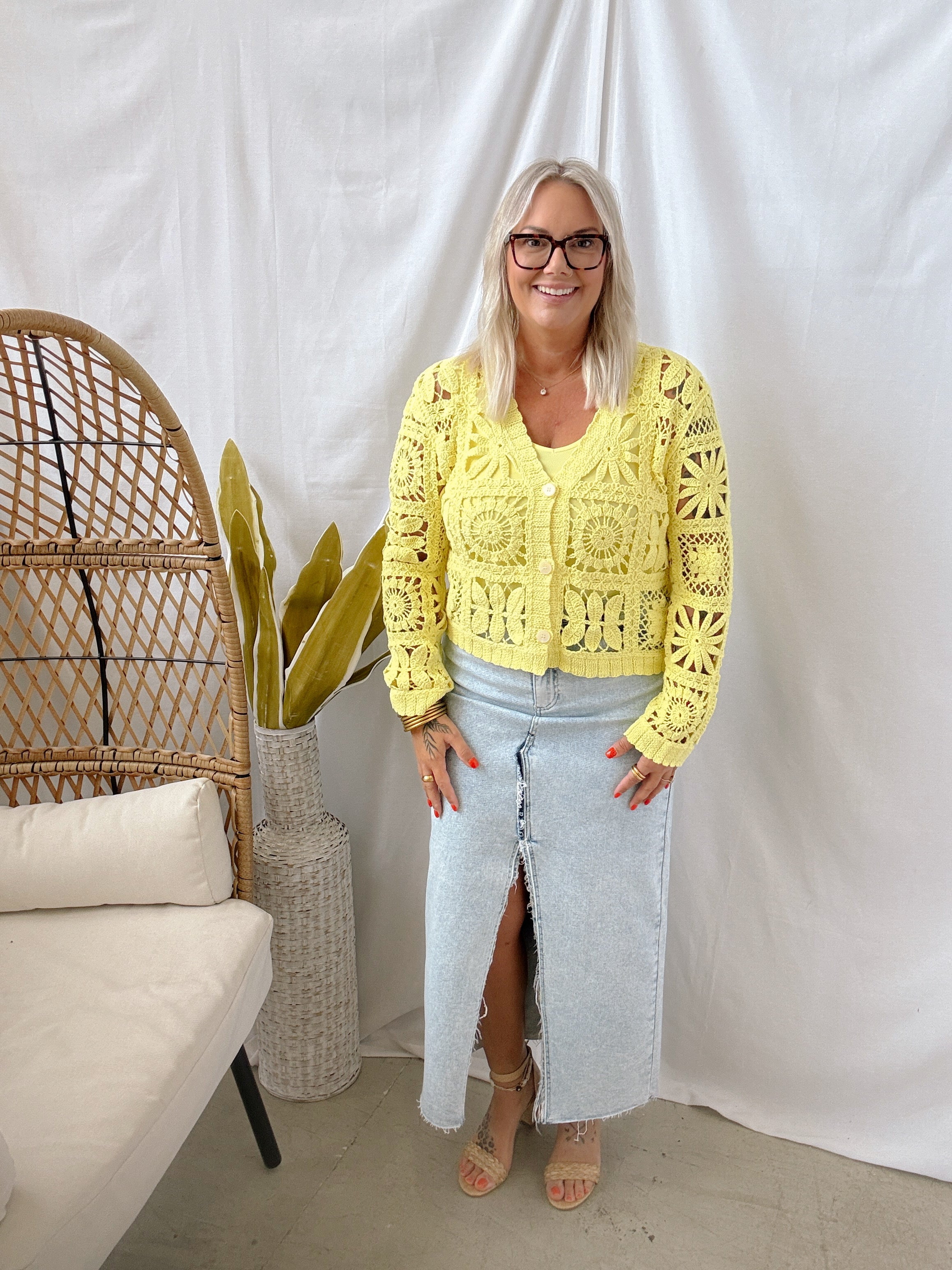 Yellow Crochet Knit Cardigan Top-Final Sale-Long Sleeve Tops-mystree-The Silo Boutique, Women's Fashion Boutique Located in Warren and Grand Forks North Dakota