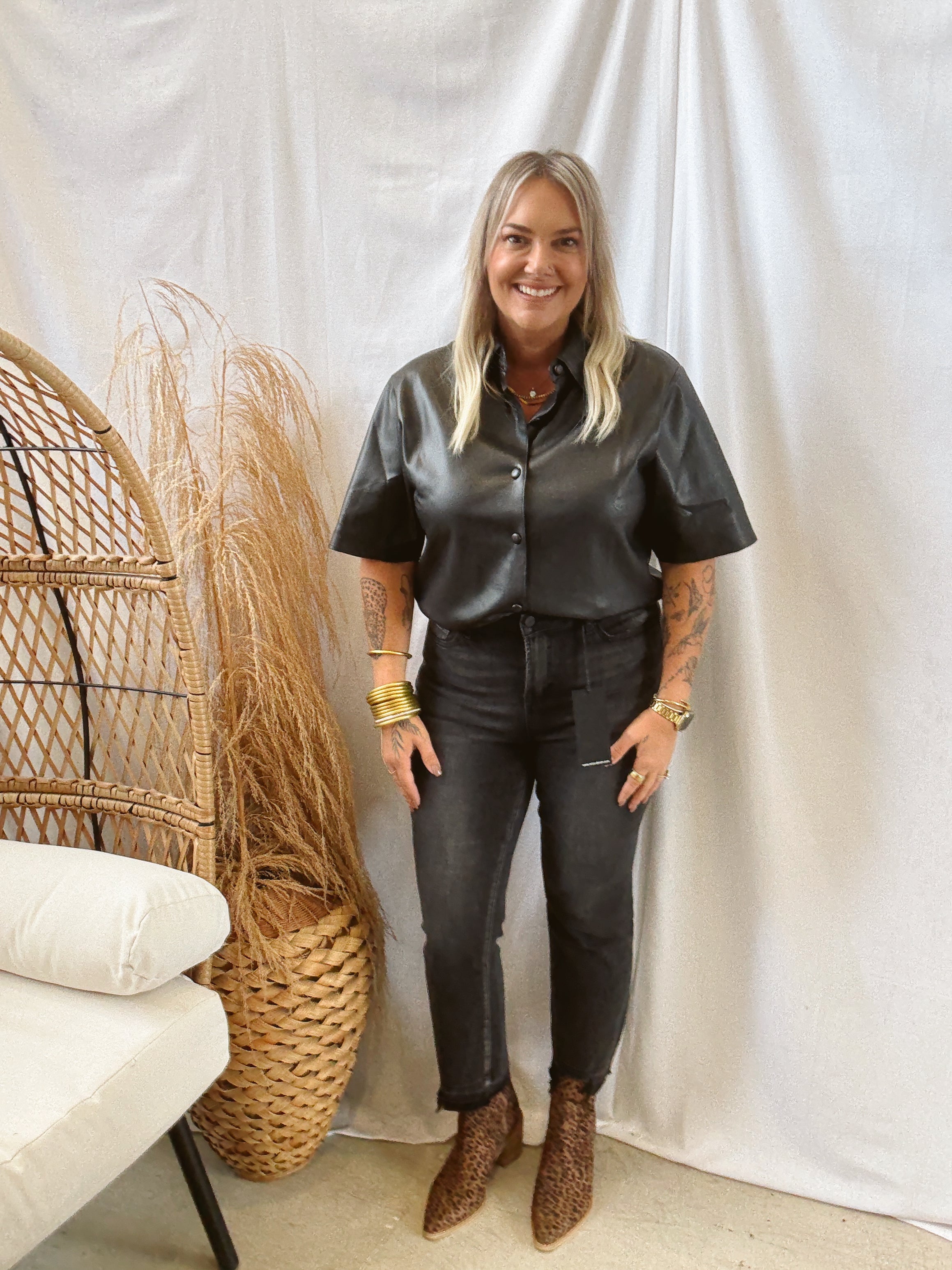 Leather Short Sleeve Button Down Top-Black-Short Sleeve Tops-eesome-The Silo Boutique, Women's Fashion Boutique Located in Warren and Grand Forks North Dakota