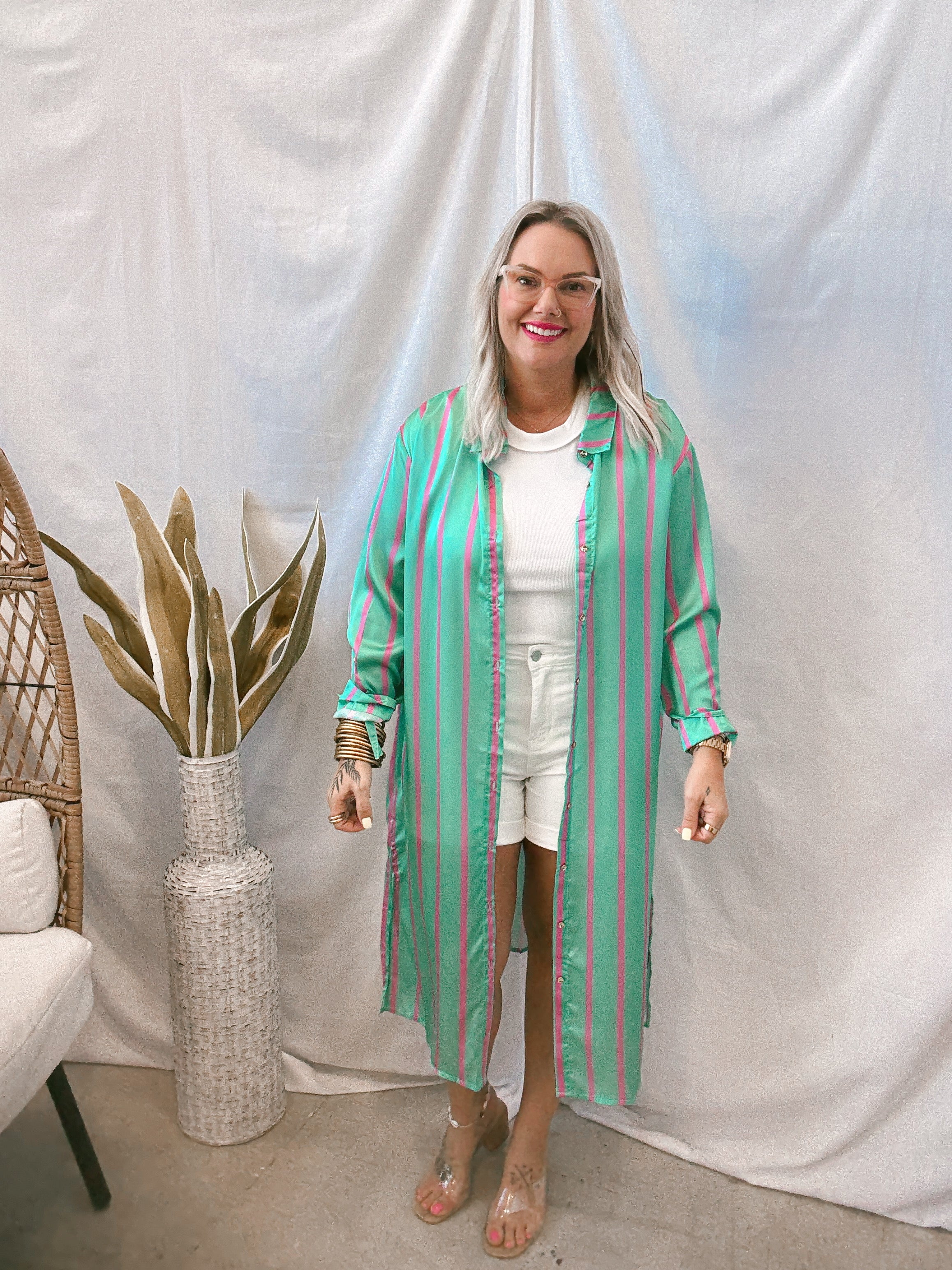 Striped Satin Shirt Dress-Emerald-Dresses-Umgee-The Silo Boutique, Women's Fashion Boutique Located in Warren and Grand Forks North Dakota
