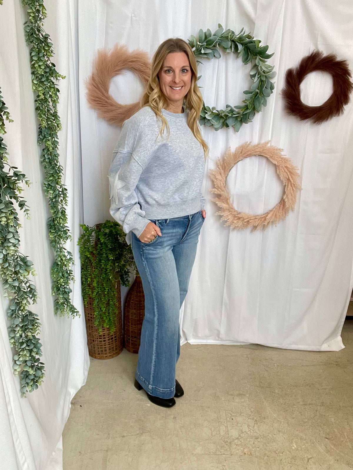 Star Patch Sleeve Sweatshirt-Gray-Sweatshirts-hyfve-The Silo Boutique, Women's Fashion Boutique Located in Warren and Grand Forks North Dakota