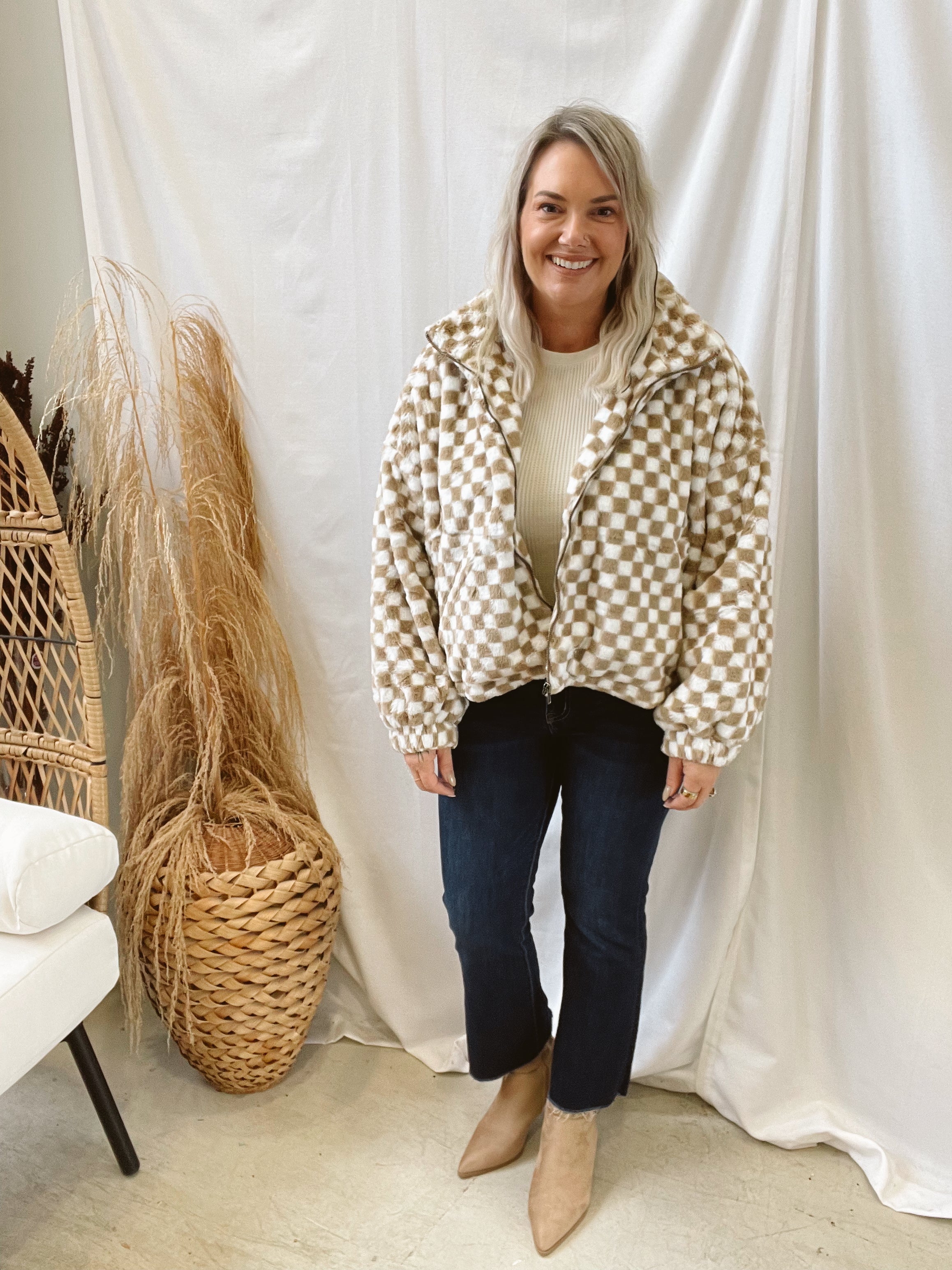 Taupe Check Teddy Jacket-Coats & Jackets-buttermelon-The Silo Boutique, Women's Fashion Boutique Located in Warren and Grand Forks North Dakota