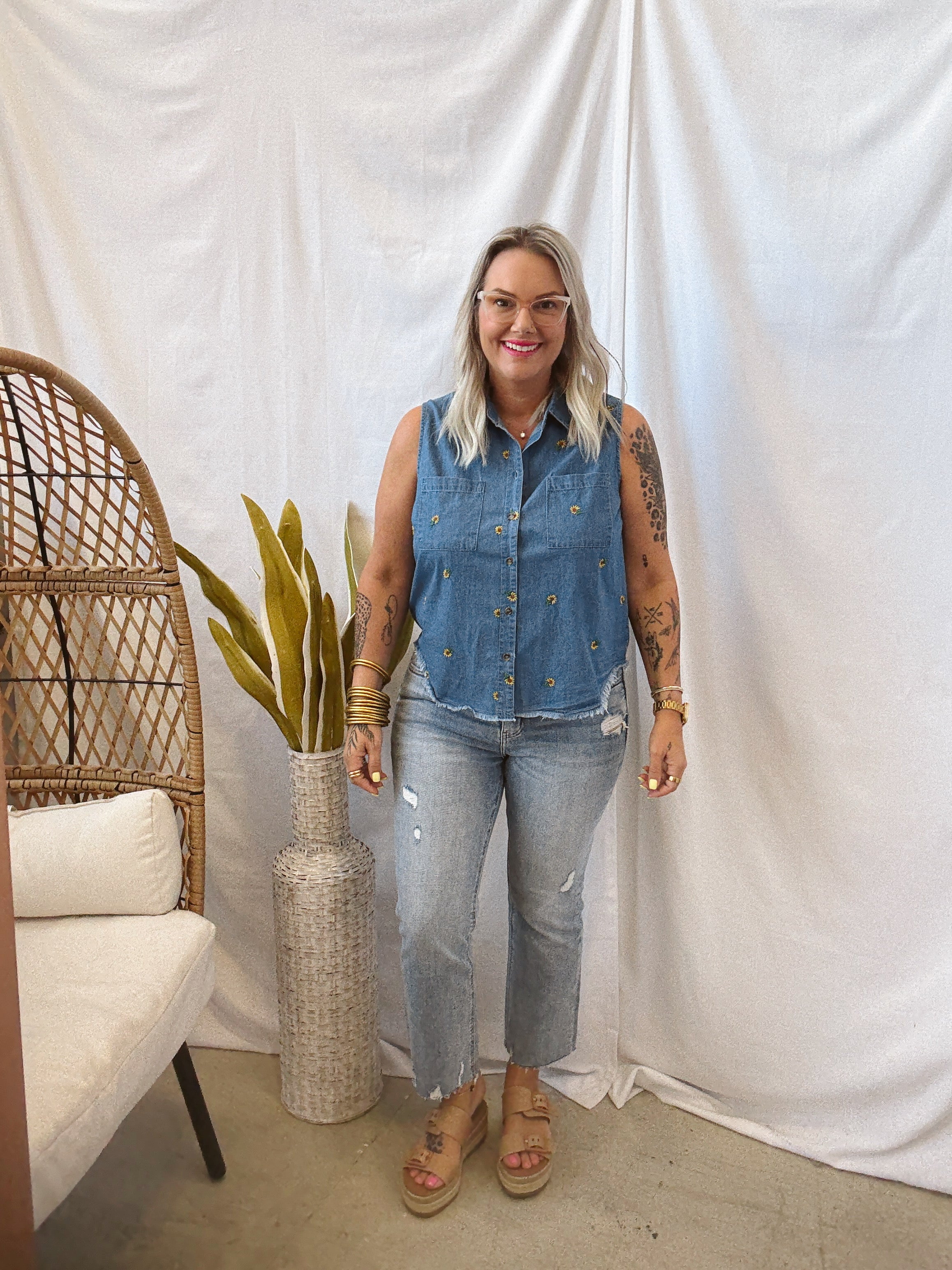 Sunflower Denim Top-Tank Tops-hem and thread-The Silo Boutique, Women's Fashion Boutique Located in Warren and Grand Forks North Dakota
