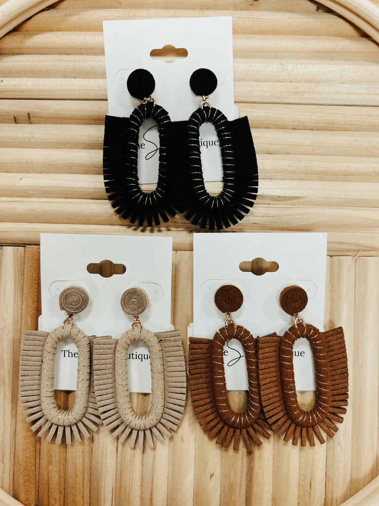 Suede Fringe Dangle Earrings-earrings-Fame-The Silo Boutique, Women's Fashion Boutique Located in Warren and Grand Forks North Dakota