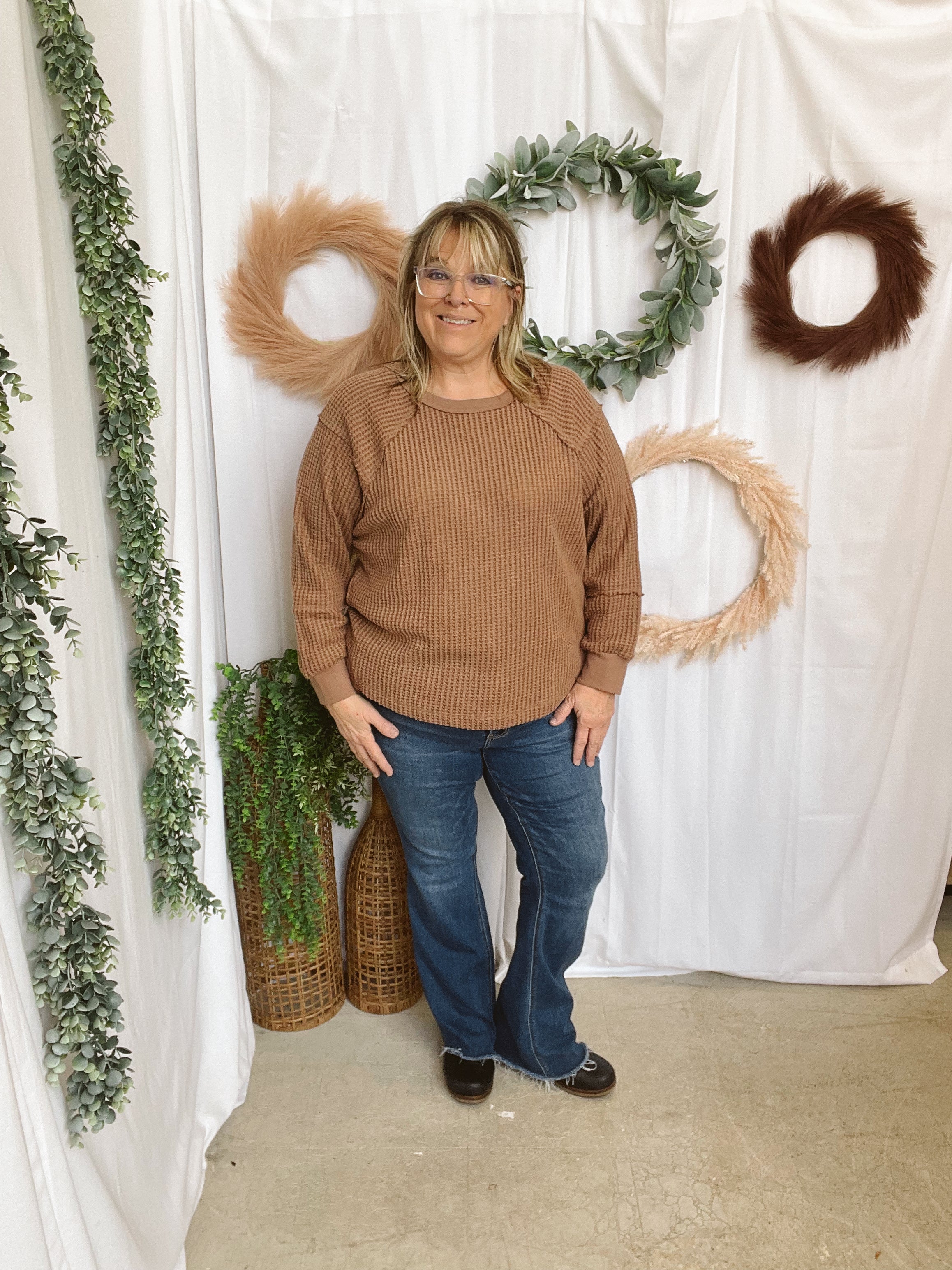 Jess Long Sleeve Waffle Top-Mocha-Long Sleeve Tops-very j-The Silo Boutique, Women's Fashion Boutique Located in Warren and Grand Forks North Dakota