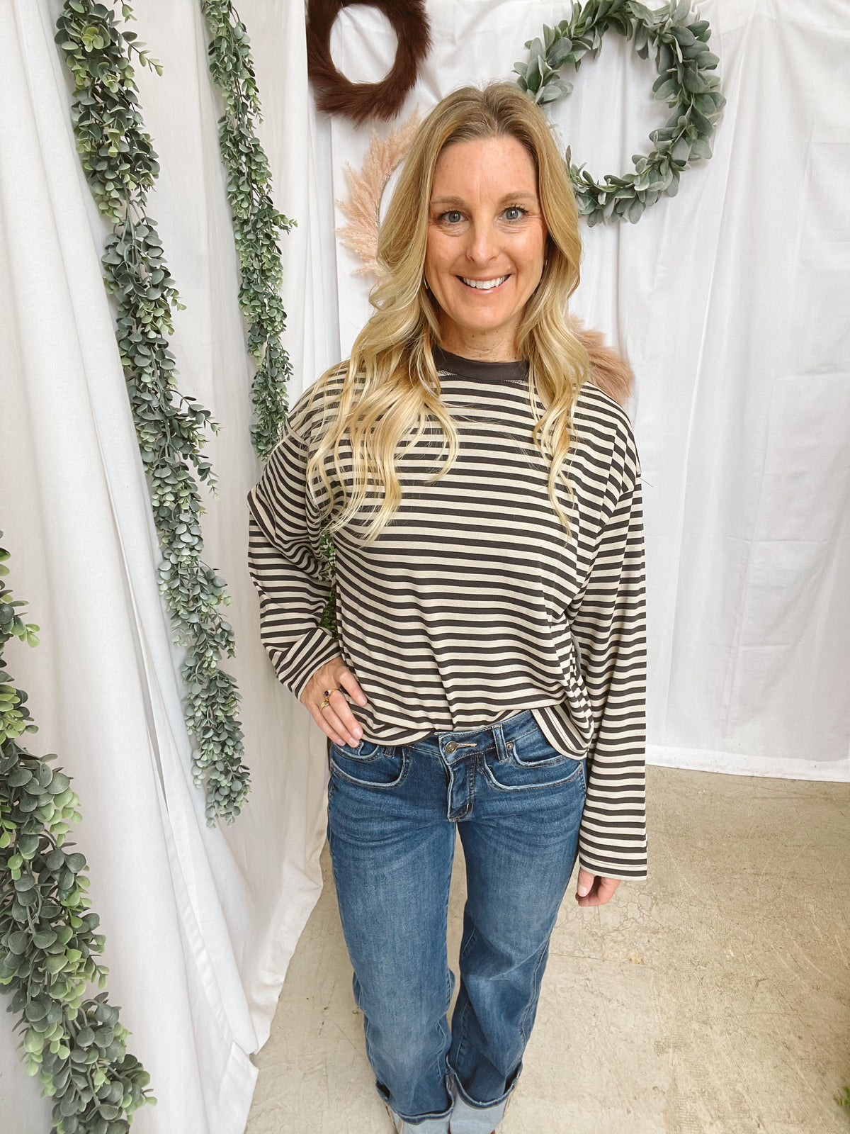 Horizon Striped Long Sleeve Tee-Gray-Long Sleeve Tops-mono b-The Silo Boutique, Women's Fashion Boutique Located in Warren and Grand Forks North Dakota