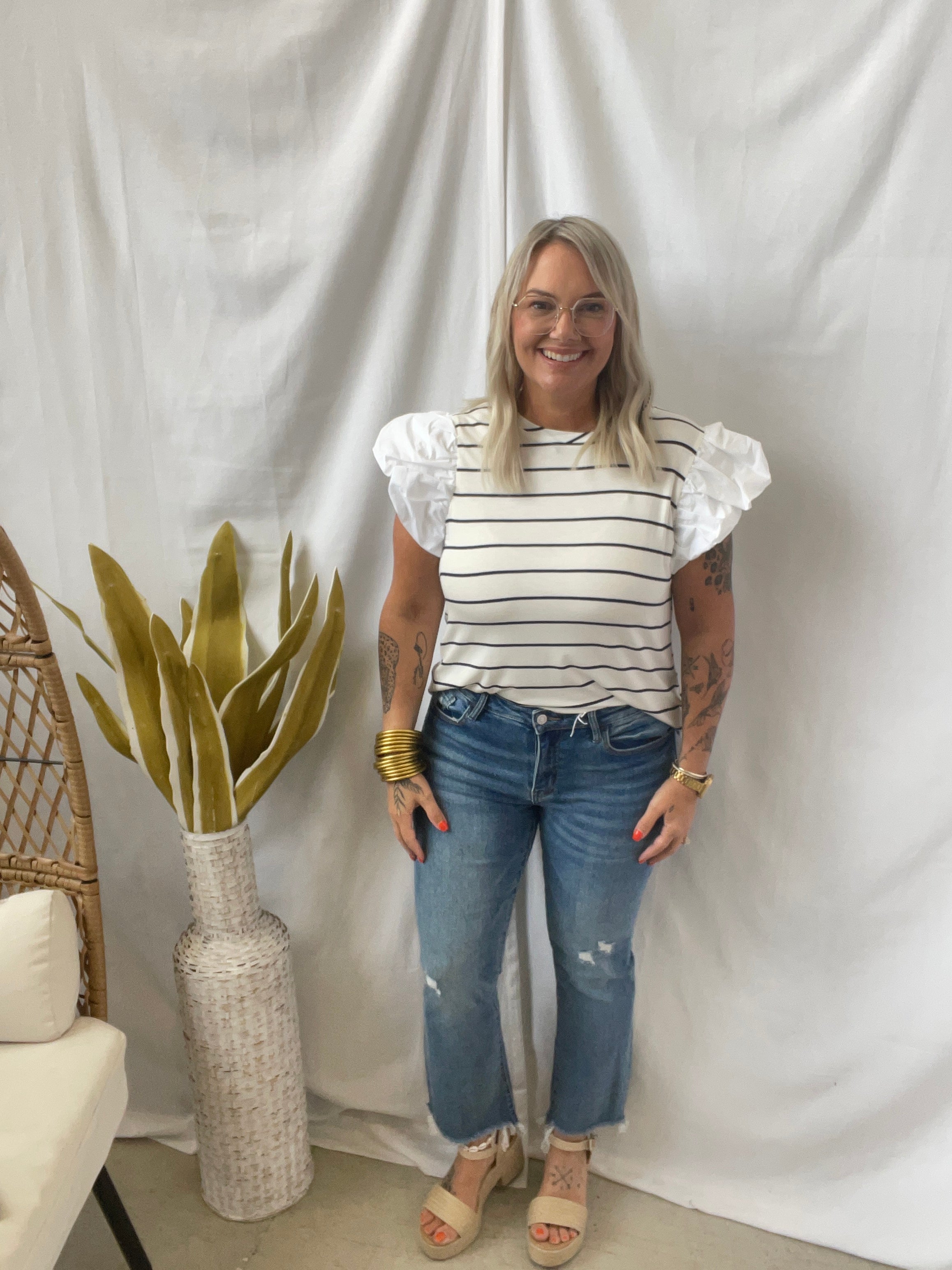 White Navy Stripe Puff Sleeve Top-Tank Tops-gilli-The Silo Boutique, Women's Fashion Boutique Located in Warren and Grand Forks North Dakota