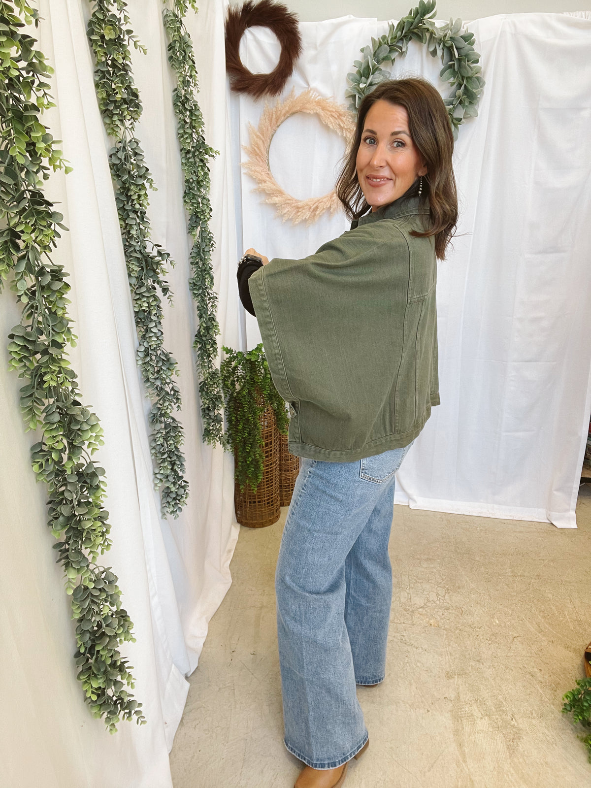 Leslie Denim Cape Jacket-Olive-Coats & Jackets-entro-The Silo Boutique, Women's Fashion Boutique Located in Warren and Grand Forks North Dakota