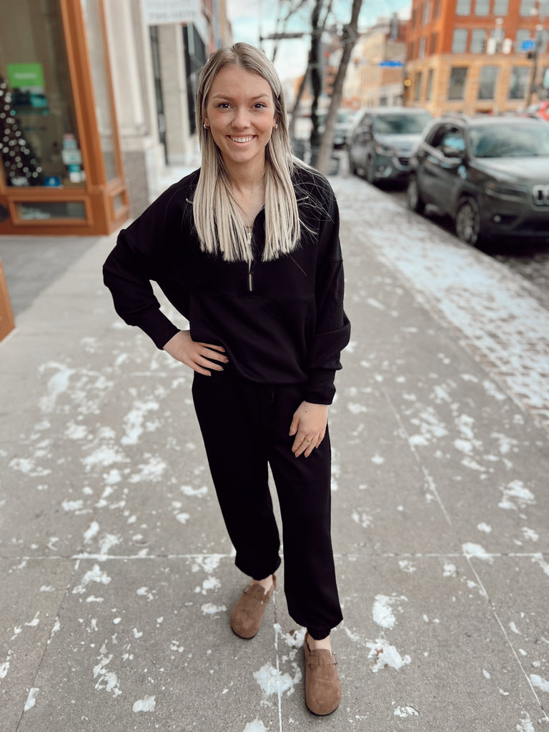 Before You Black Scuba Quarter Zip Pullover-sweater-before you-The Silo Boutique, Women's Fashion Boutique Located in Warren and Grand Forks North Dakota