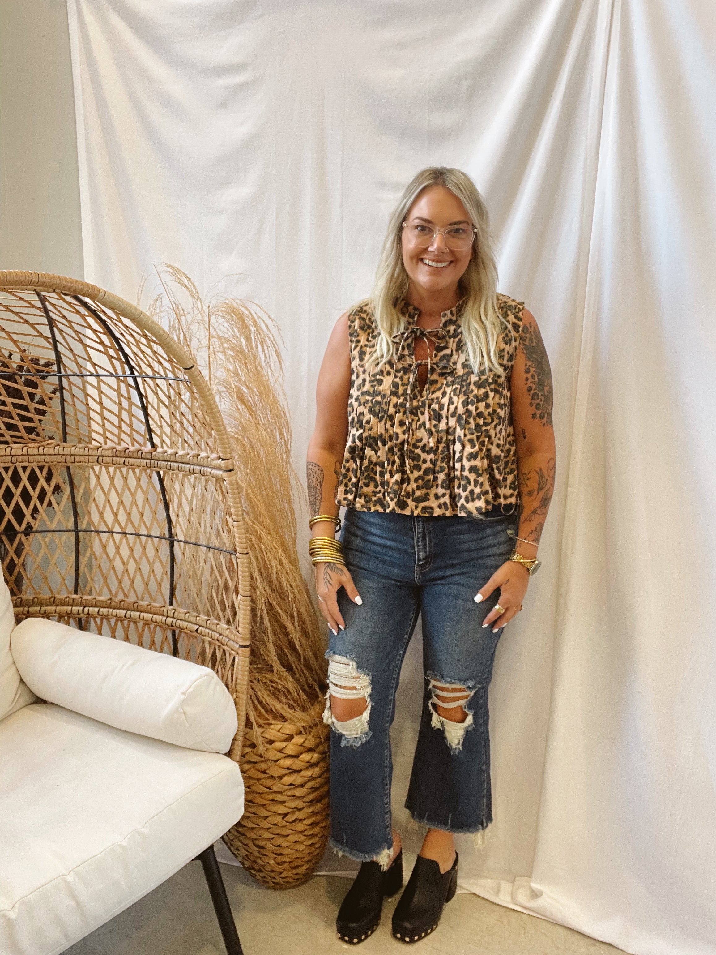 Front Tie Leopard Top-Tank Tops-l-The Silo Boutique, Women's Fashion Boutique Located in Warren and Grand Forks North Dakota
