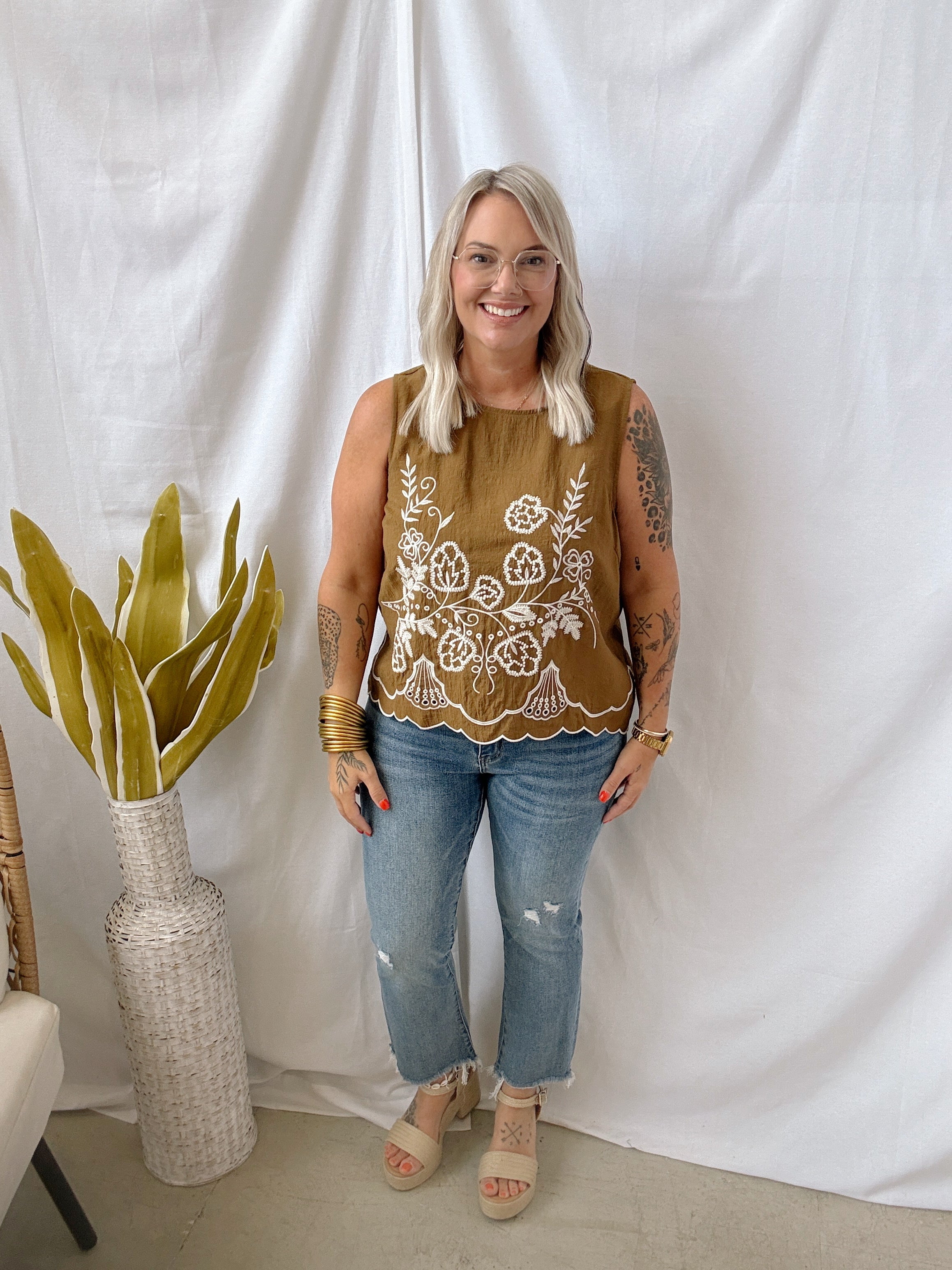 Tobacco Embroidered Tank Top-Tank Tops-Umgee-The Silo Boutique, Women's Fashion Boutique Located in Warren and Grand Forks North Dakota