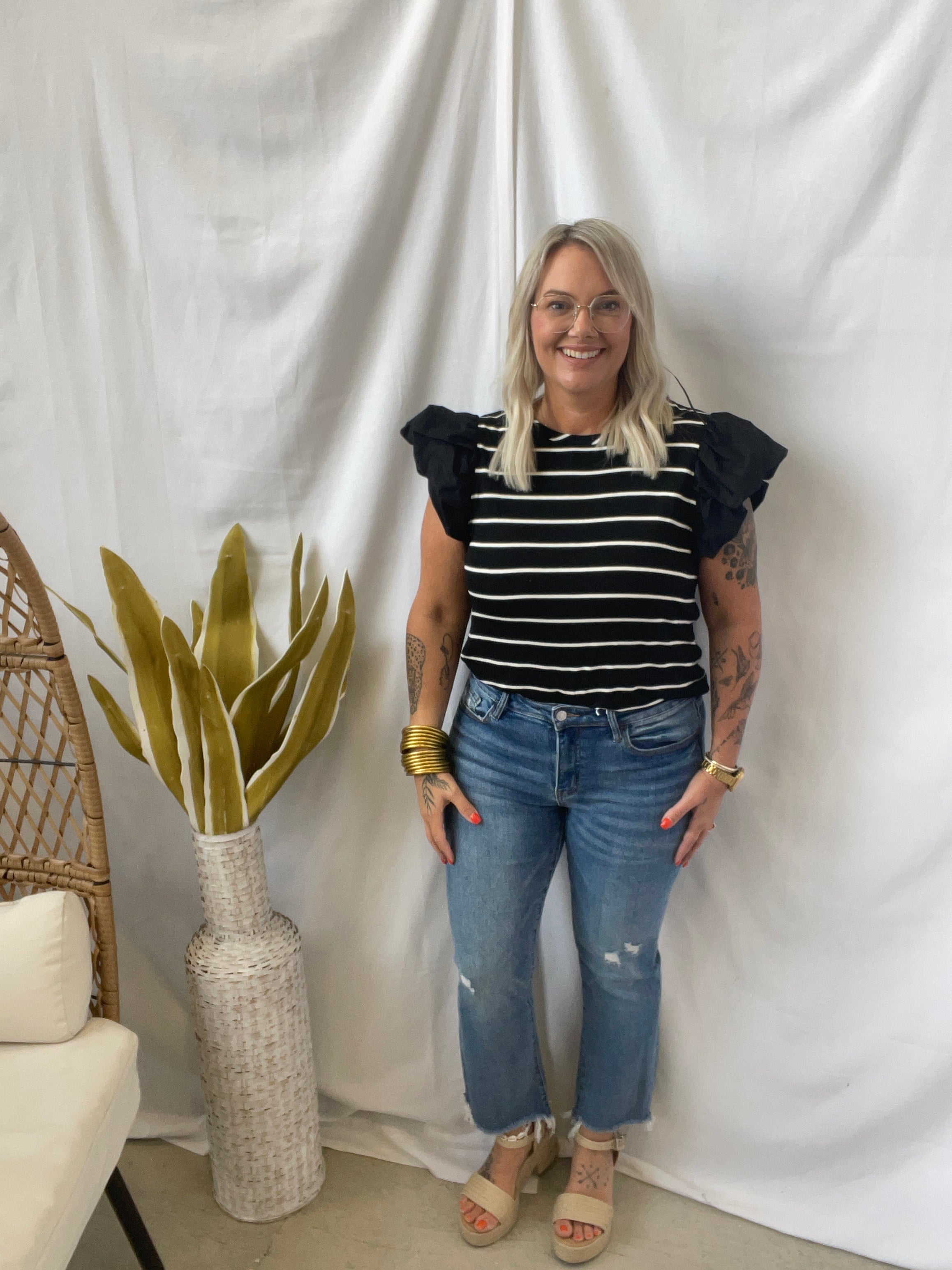 Black White Stripe Puff Sleeve Top-Tank Tops-gilli-The Silo Boutique, Women's Fashion Boutique Located in Warren and Grand Forks North Dakota