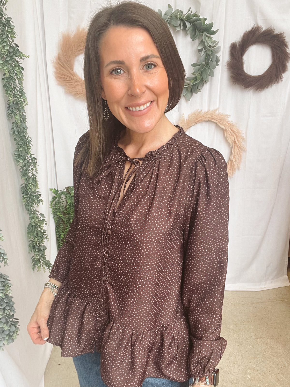 Becky Ruffle Tie Top-Brown-Long Sleeve Tops-staccato-The Silo Boutique, Women's Fashion Boutique Located in Warren and Grand Forks North Dakota