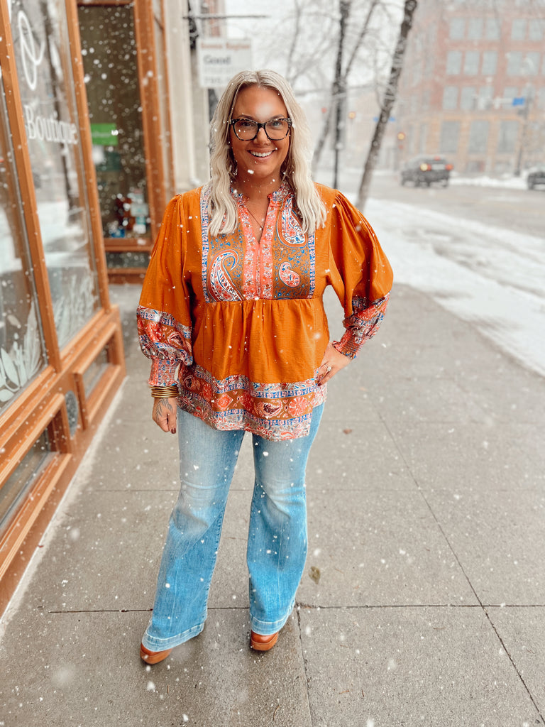 Bronze Mix Paisley Top-Long Sleeve Tops-Umgee-The Silo Boutique, Women's Fashion Boutique Located in Warren and Grand Forks North Dakota