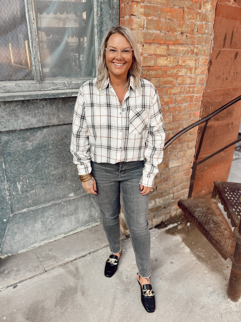 Bone Plaid Top-Long Sleeves-unicorn-The Silo Boutique, Women's Fashion Boutique Located in Warren and Grand Forks North Dakota