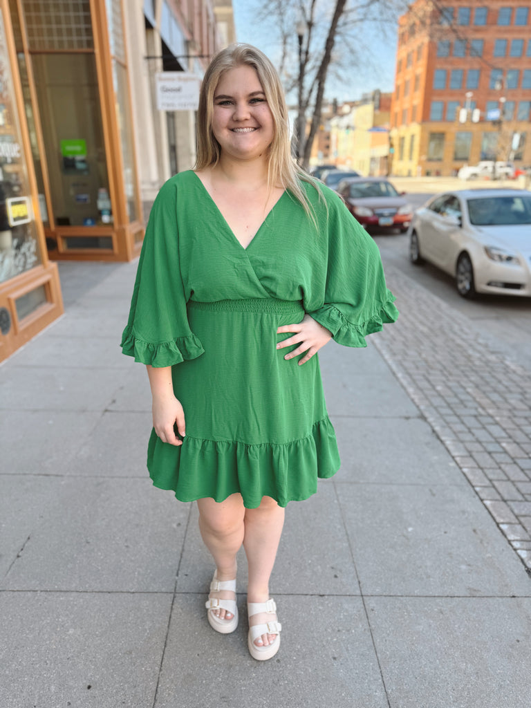 Green Ruffle Dolman Sleeve Dress-Dresses-she and sky-The Silo Boutique, Women's Fashion Boutique Located in Warren and Grand Forks North Dakota