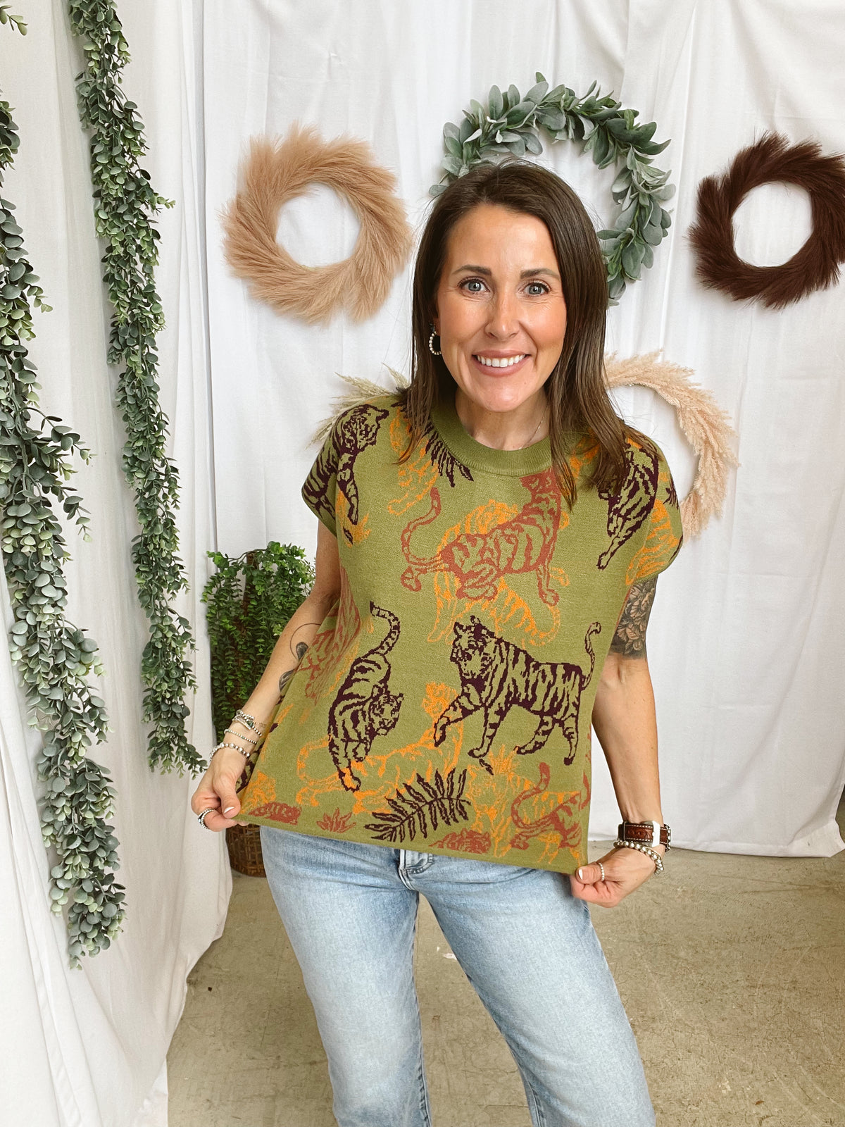 Taryn Tiger Cap Sleeve Sweater-Olive-Sweaters-ENTRO-The Silo Boutique, Women's Fashion Boutique Located in Warren and Grand Forks North Dakota