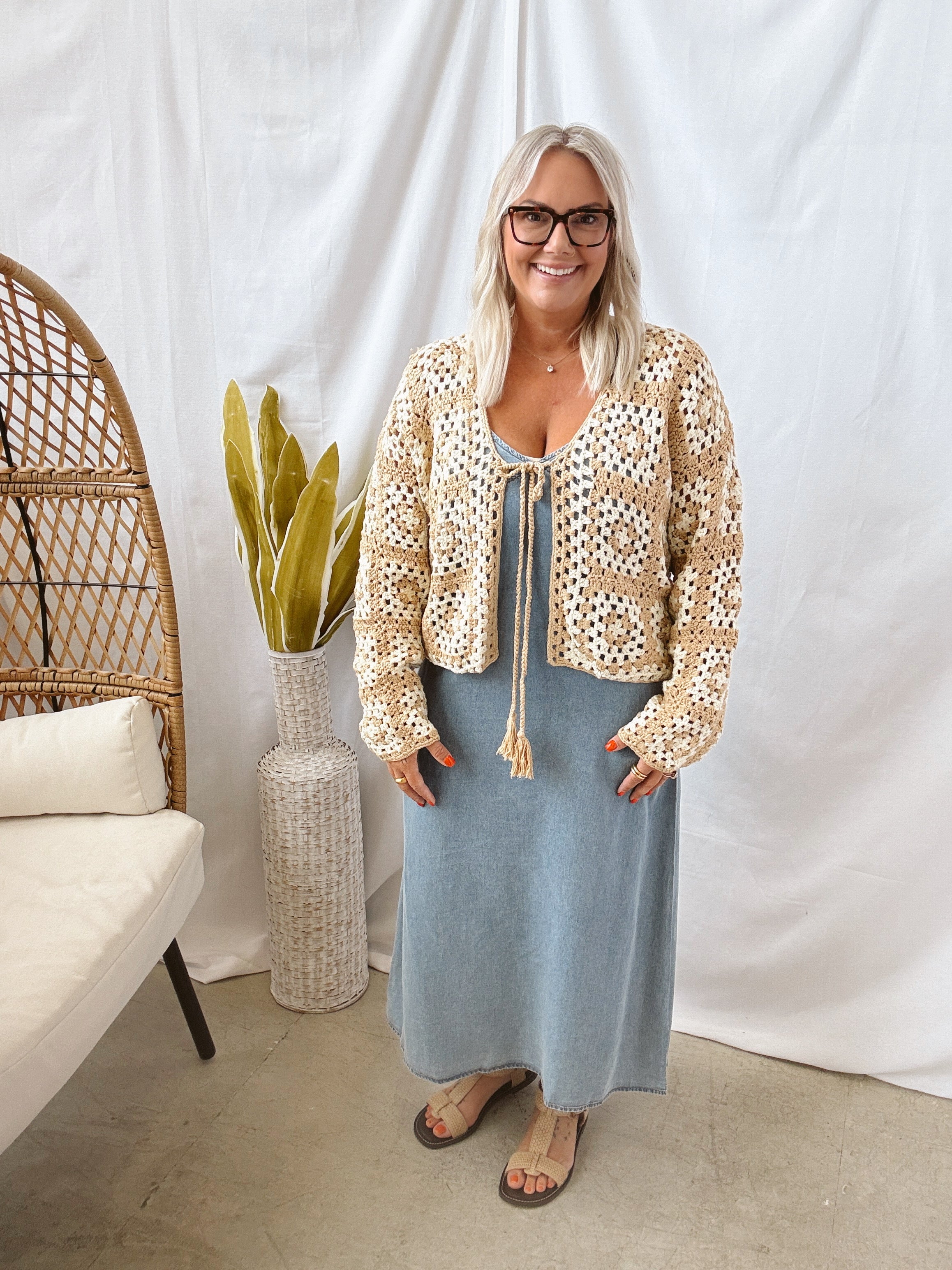 Taupe and Cream Crochet Cardigan-Cardigans-gilli-The Silo Boutique, Women's Fashion Boutique Located in Warren and Grand Forks North Dakota