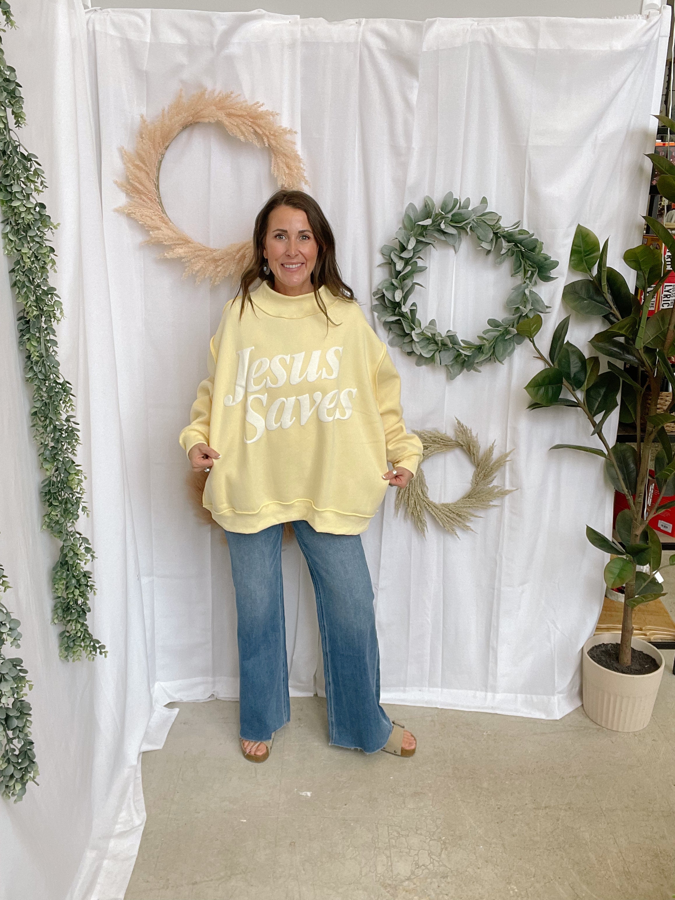 Bucketlist JESUS Saves Sweatshirt-Lemon-Sweatshirts-bucketlist-The Silo Boutique, Women's Fashion Boutique Located in Warren and Grand Forks North Dakota