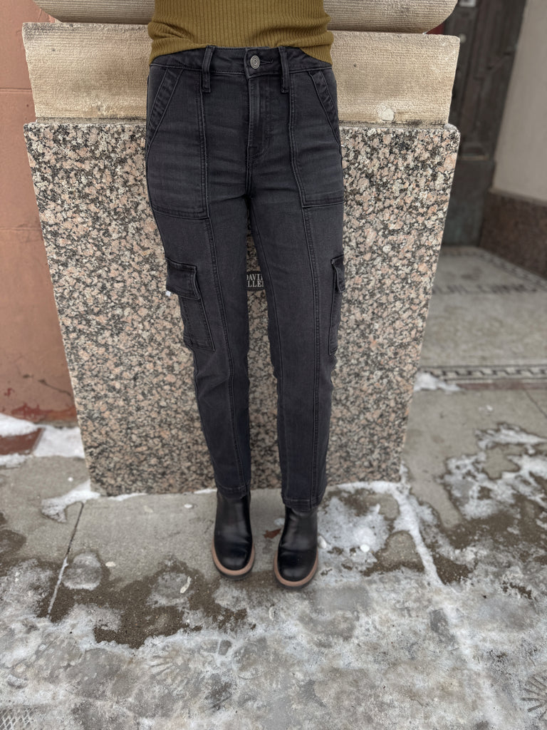 Hidden Tracey Black Denim Crop Cargo Jeans-Jeans-hidden-The Silo Boutique, Women's Fashion Boutique Located in Warren and Grand Forks North Dakota