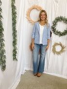 Skies Chambray Blazer-Blazers-skies are blue-The Silo Boutique, Women's Fashion Boutique Located in Warren and Grand Forks North Dakota