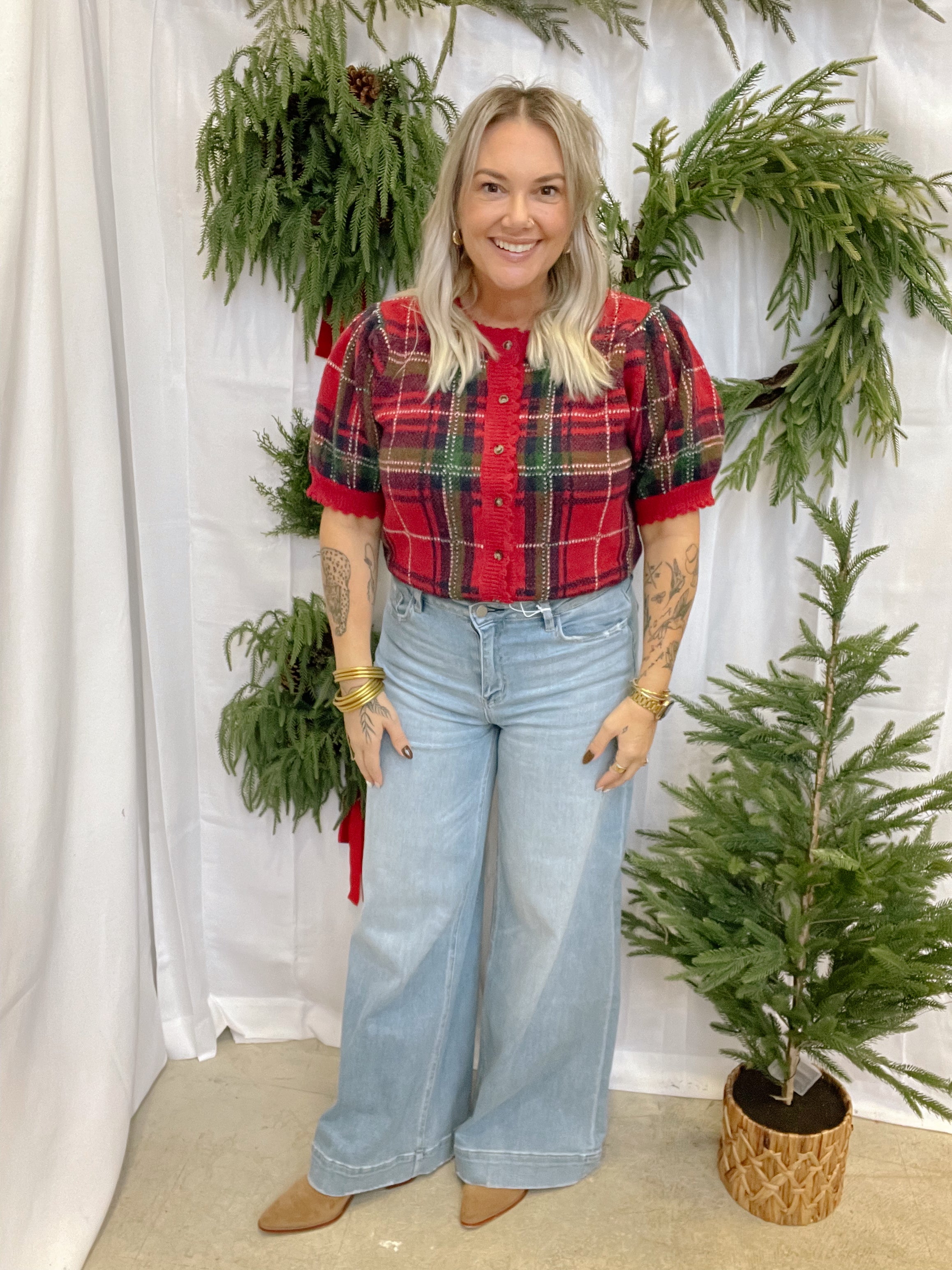 Short Sleeve Plaid Sweater-Red-Sweaters-entro-The Silo Boutique, Women's Fashion Boutique Located in Warren and Grand Forks North Dakota