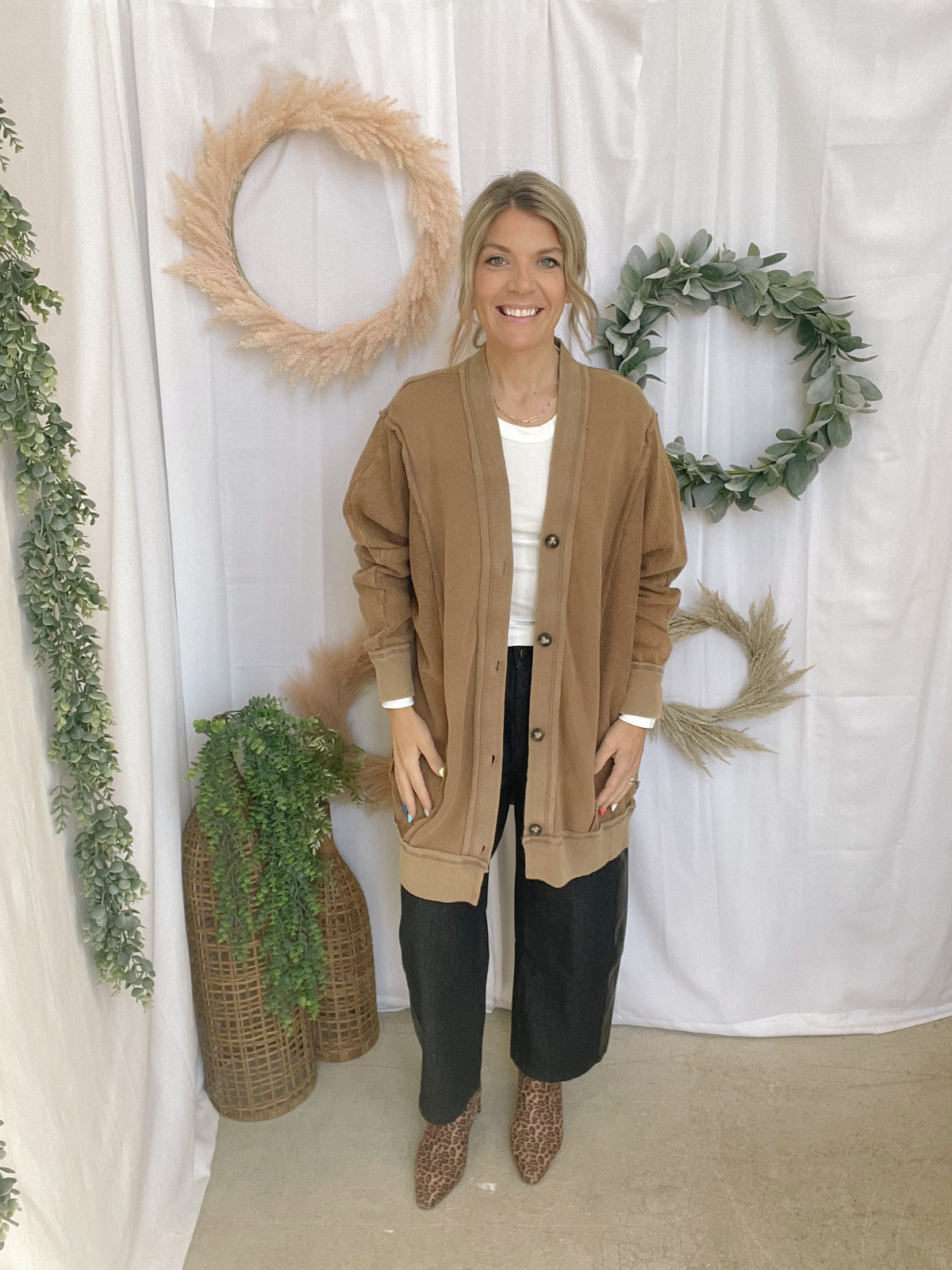 Jojo Mineral Wash Cardigan-Mocha-Cardigans-eesome-The Silo Boutique, Women's Fashion Boutique Located in Warren and Grand Forks North Dakota