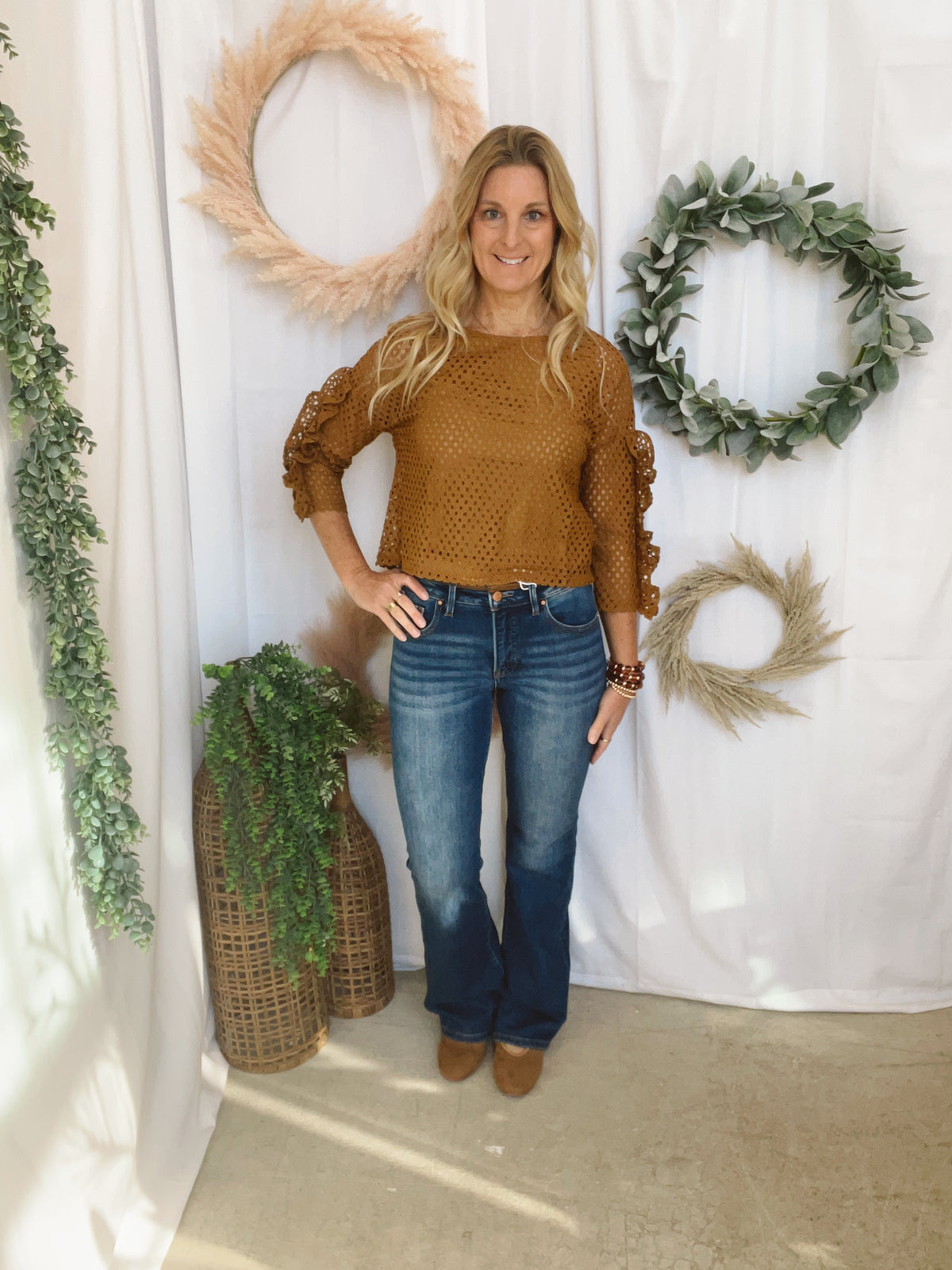 Callie Lace and Frill Top-Camel-Short Sleeve Tops-listicle-The Silo Boutique, Women's Fashion Boutique Located in Warren and Grand Forks North Dakota