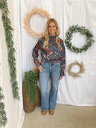 Forte Floral Mock Neck Blouse-Navy-Long Sleeve Tops-forte-The Silo Boutique, Women's Fashion Boutique Located in Warren and Grand Forks North Dakota