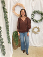 Glam Lace Trim Sweater-Brown-Long Sleeve Tops-glam-The Silo Boutique, Women's Fashion Boutique Located in Warren and Grand Forks North Dakota