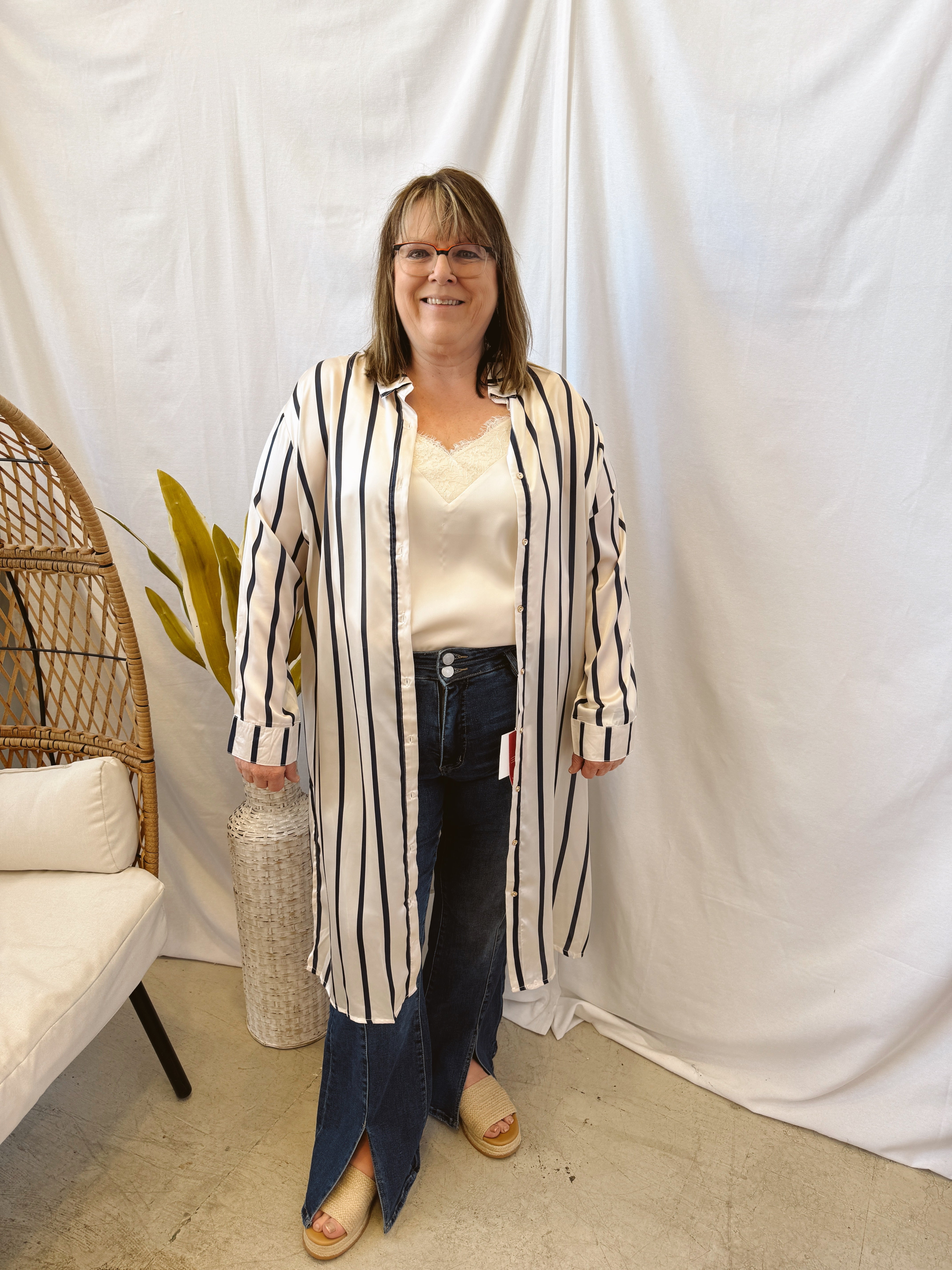 Striped Satin Shirt Dress-Navy-Dresses-Umgee-The Silo Boutique, Women's Fashion Boutique Located in Warren and Grand Forks North Dakota