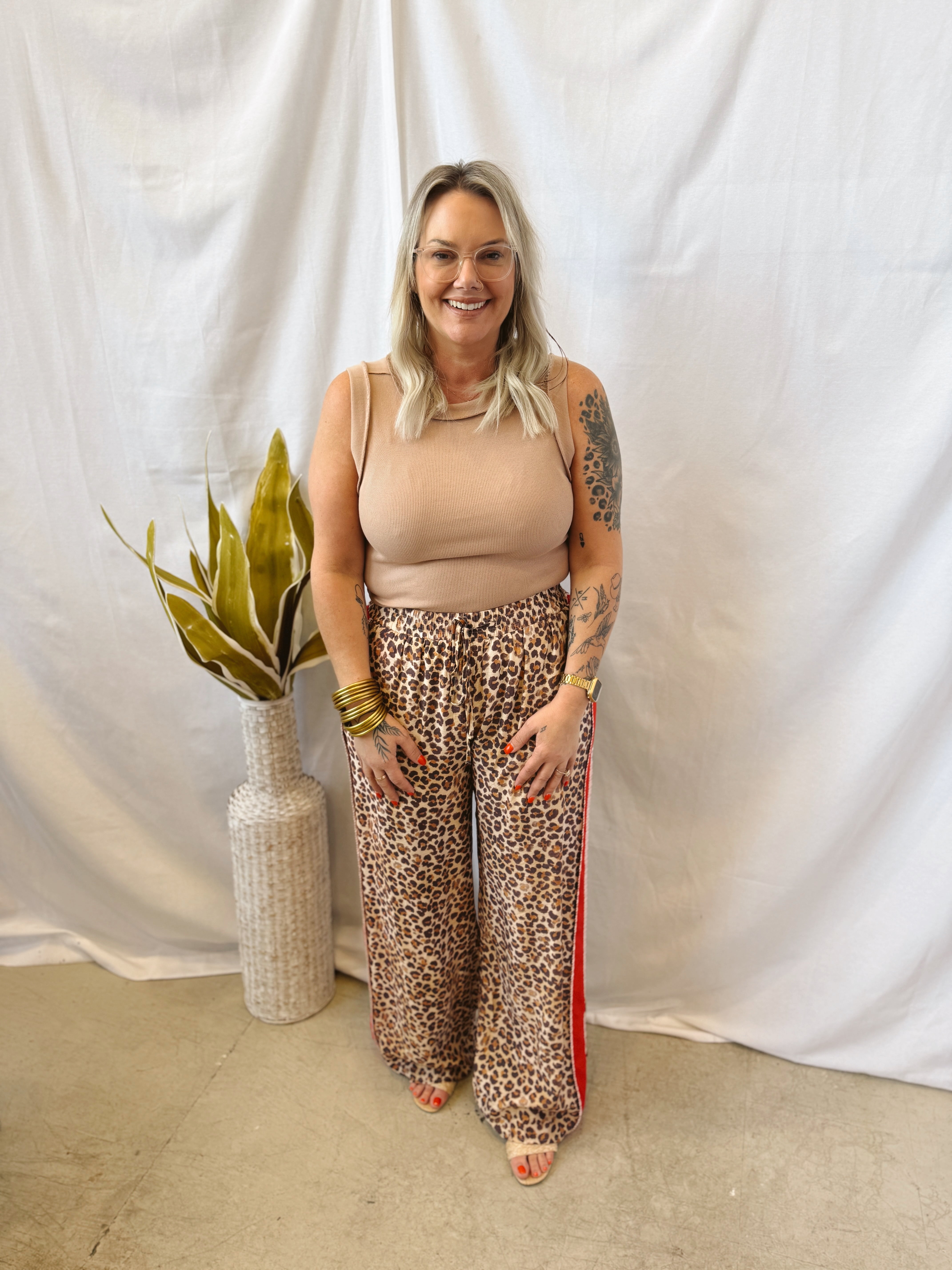 Elle Leopard Pants with Red Stripe-Final Sale-Pants-entro-The Silo Boutique, Women's Fashion Boutique Located in Warren and Grand Forks North Dakota