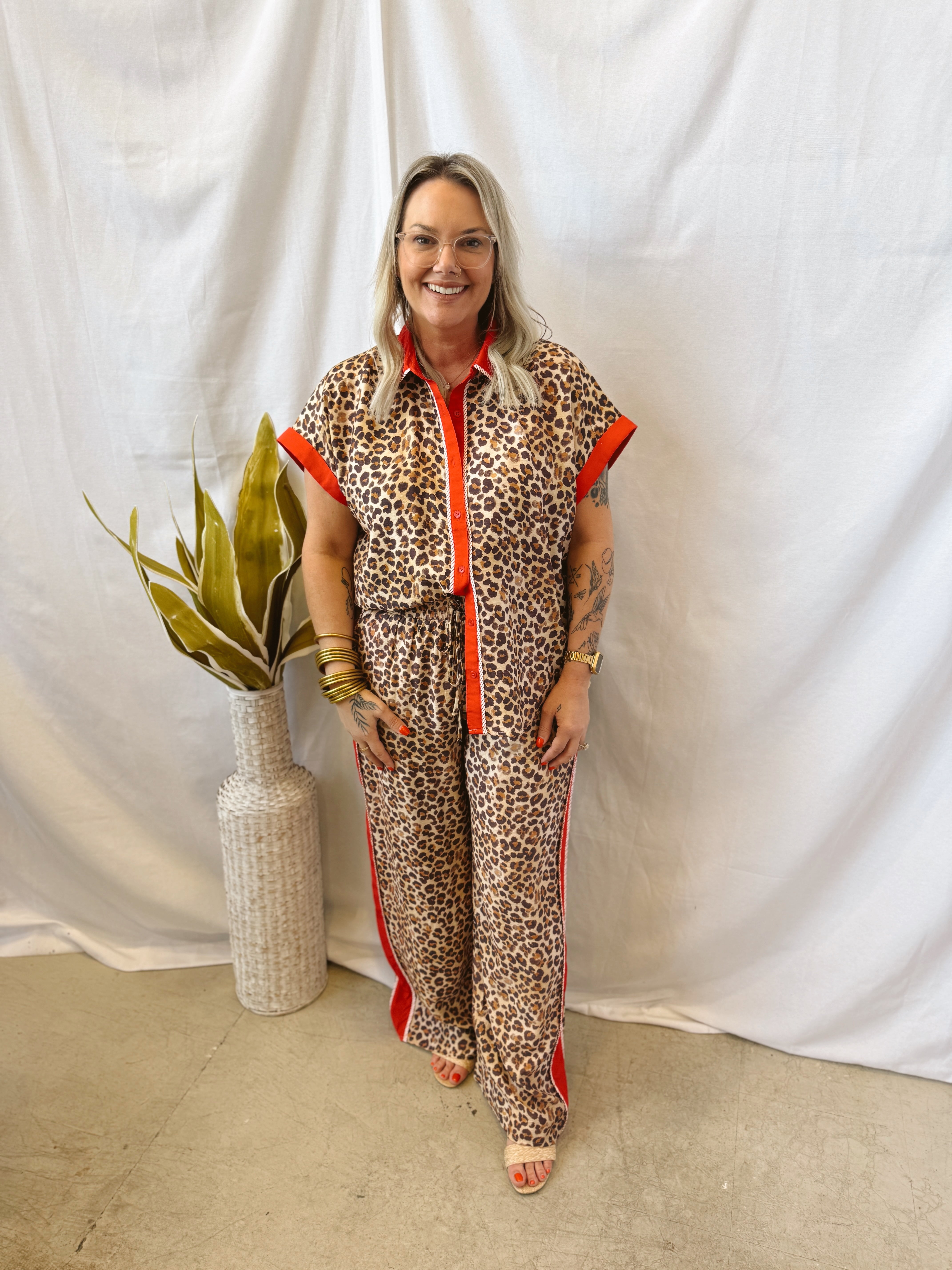 Elle Leopard Pants with Red Stripe-Final Sale-Pants-entro-The Silo Boutique, Women's Fashion Boutique Located in Warren and Grand Forks North Dakota