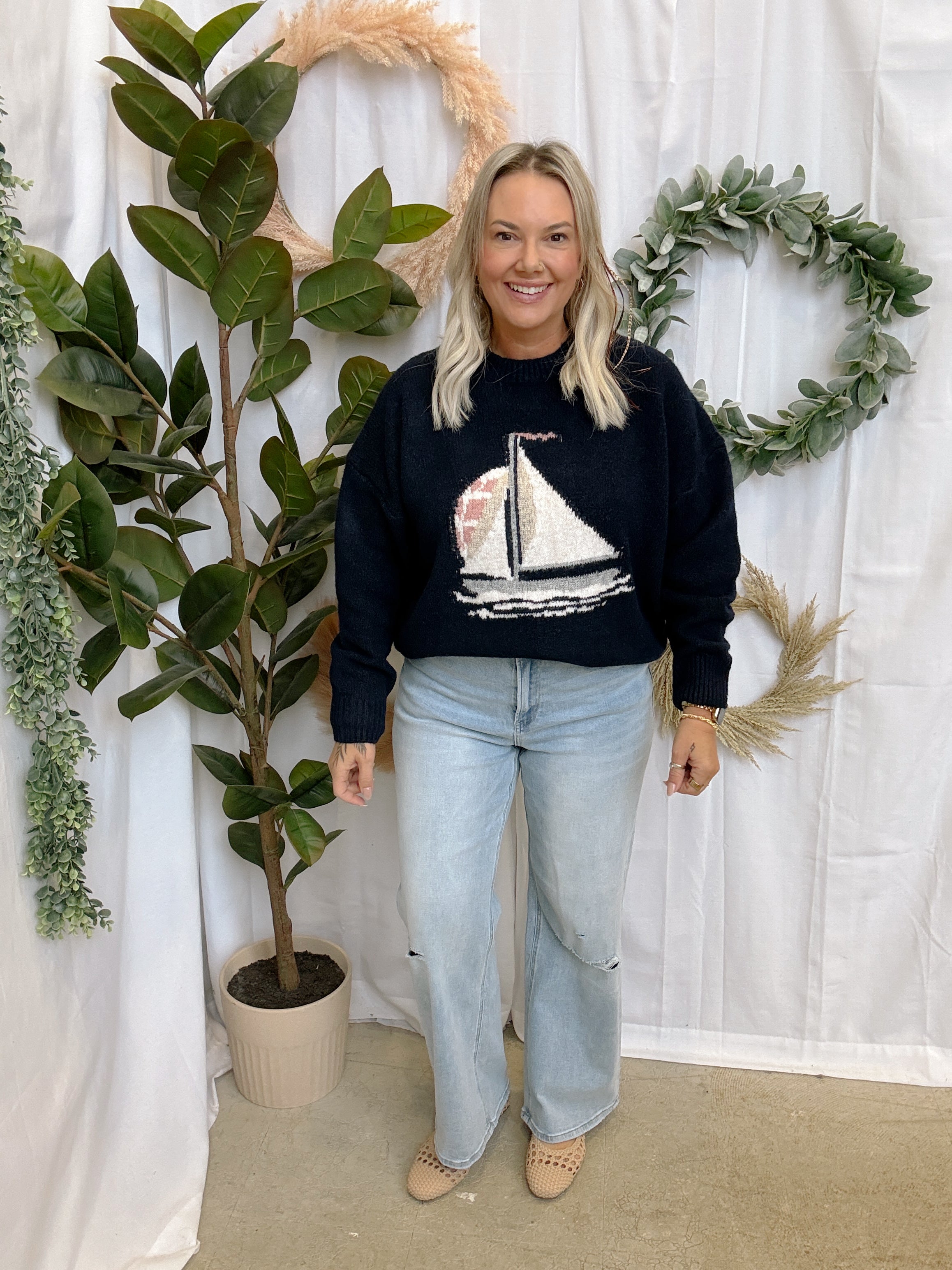 Navy Sailboat Knit Sweater-Sweaters-wishlist-The Silo Boutique, Women's Fashion Boutique Located in Warren and Grand Forks North Dakota