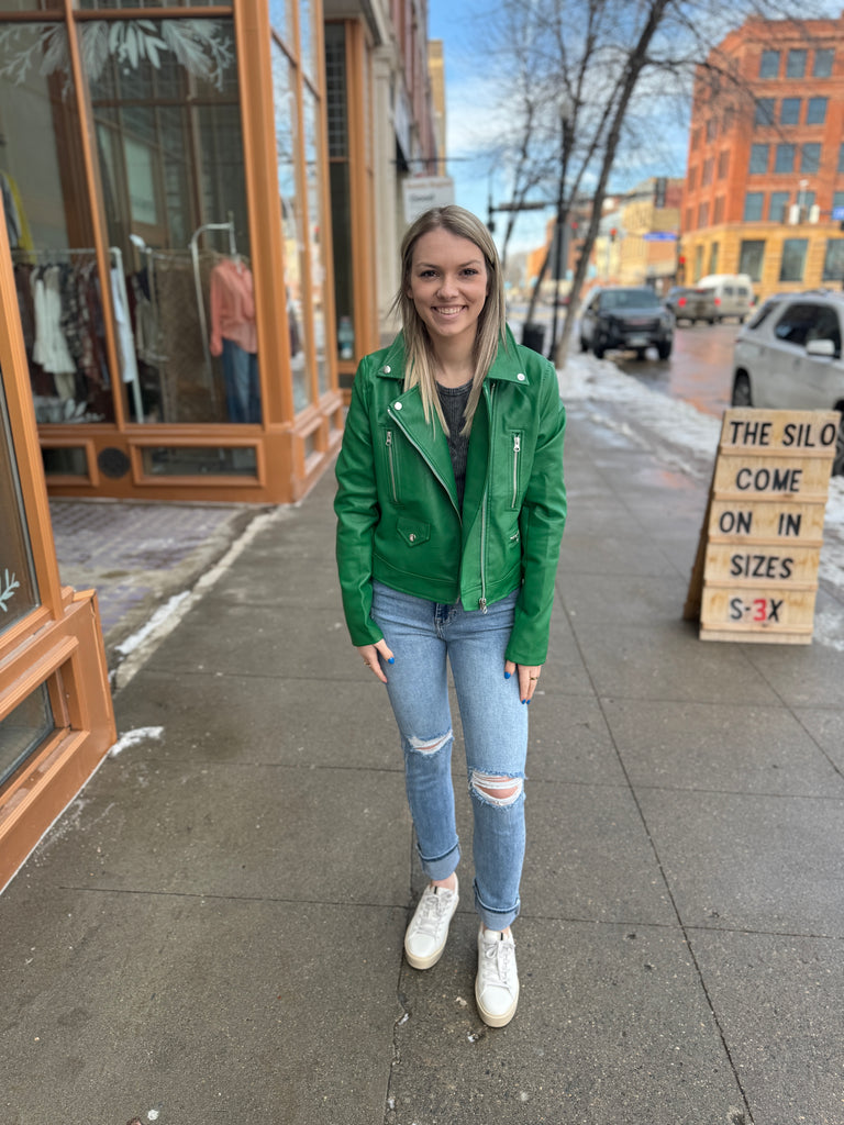 Kelly Green Moto Jacket-Coats & Jackets-love tree-The Silo Boutique, Women's Fashion Boutique Located in Warren and Grand Forks North Dakota
