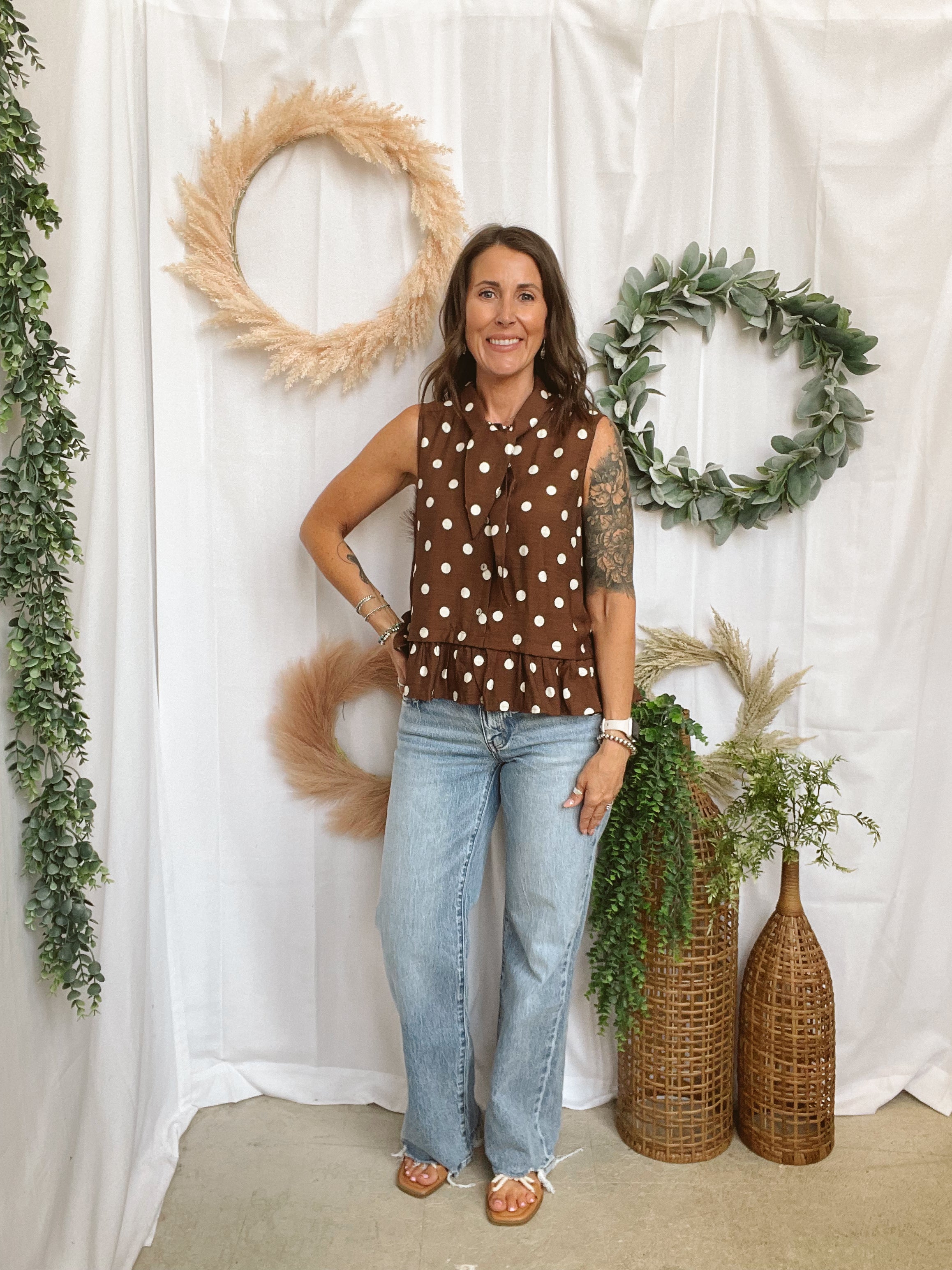 Polka Dot Scarf Sleeveless Top-Brown-Final sale-Tank Tops-ENTRO-The Silo Boutique, Women's Fashion Boutique Located in Warren and Grand Forks North Dakota
