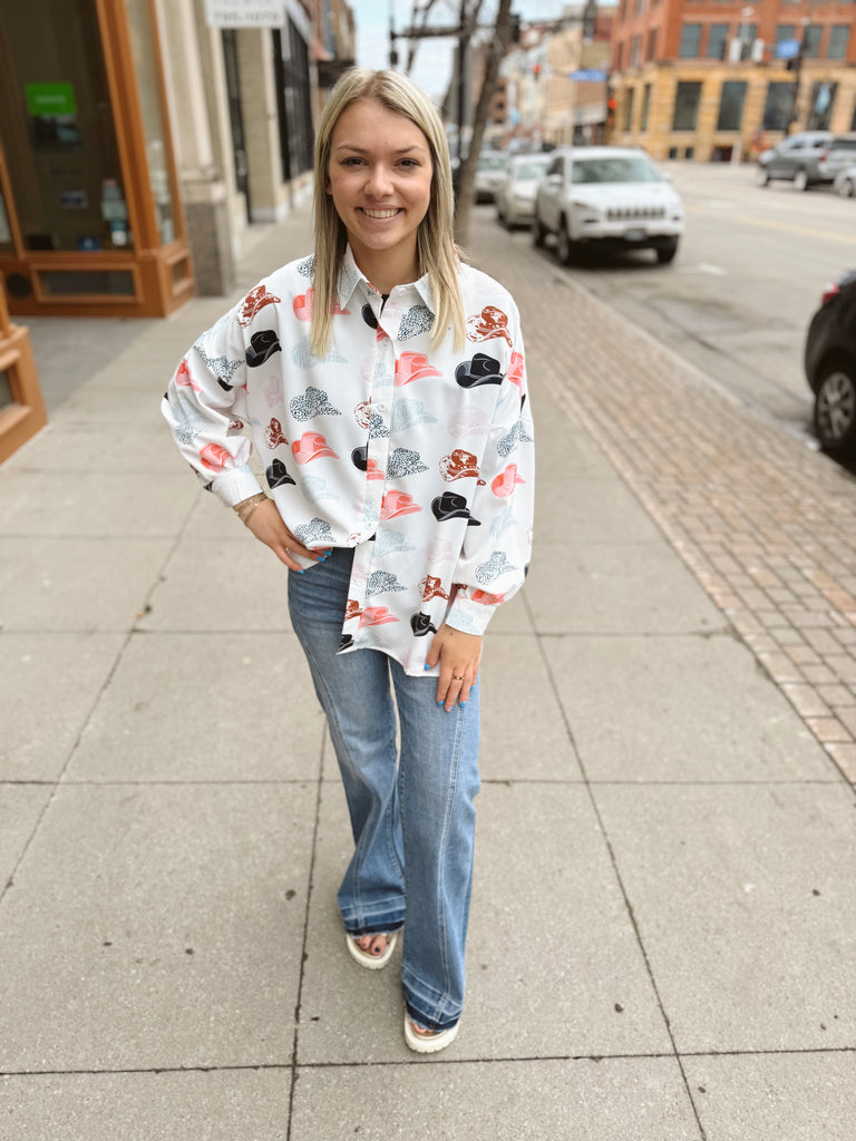 Cowboy Hat Print Button Down Top-Long Sleeve Tops-miss sparkling-The Silo Boutique, Women's Fashion Boutique Located in Warren and Grand Forks North Dakota