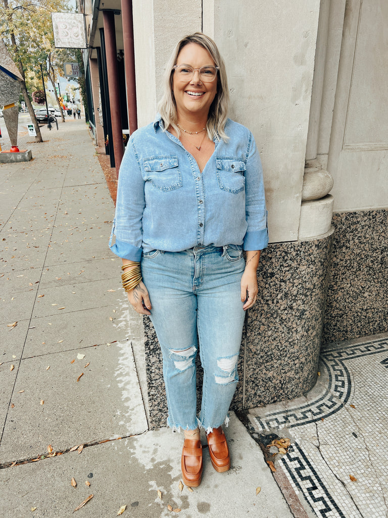 Rae Chambray Button Down Top-Long Sleeves-Doe and Rae-The Silo Boutique, Women's Fashion Boutique Located in Warren and Grand Forks North Dakota