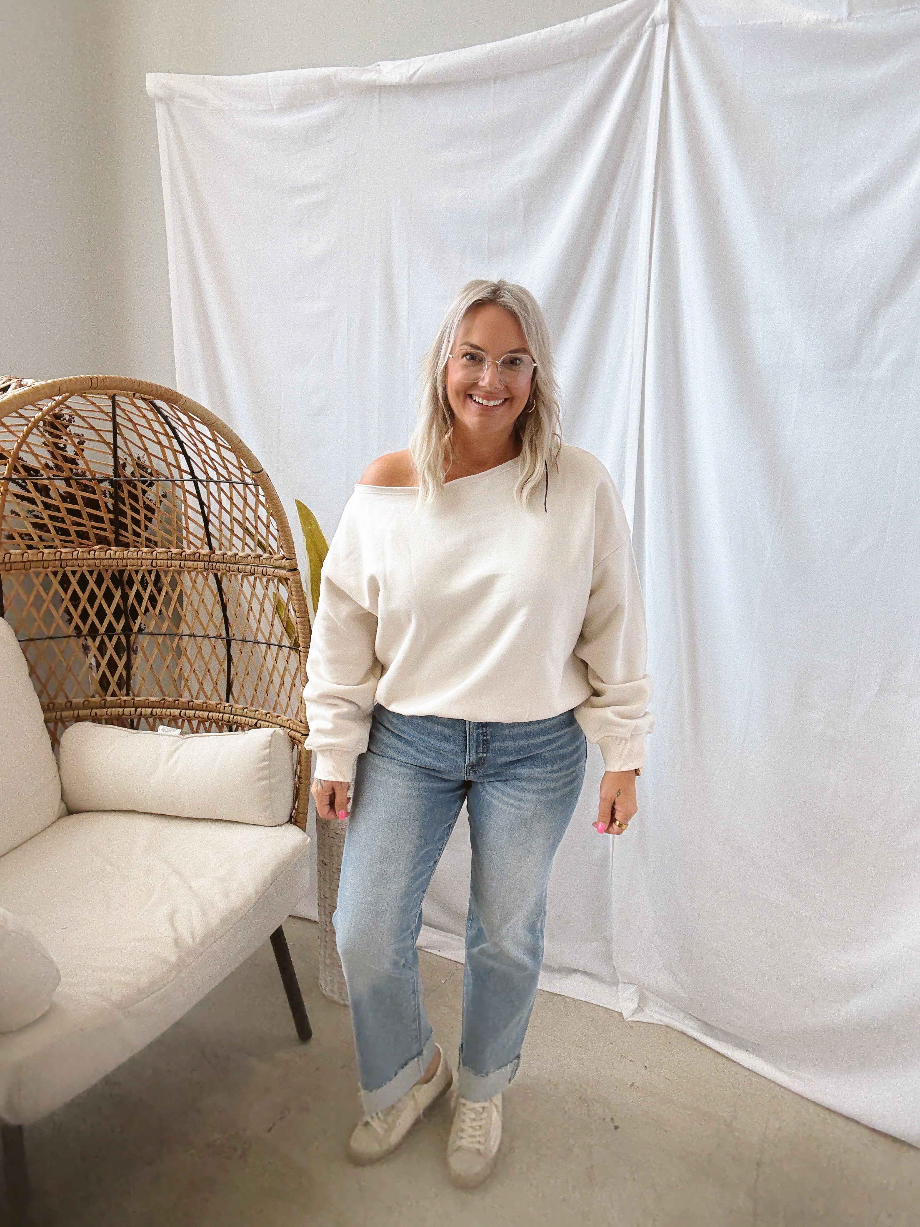 Bone Off The Shoulder Sweatshirt-Tank Tops-rae mode-The Silo Boutique, Women's Fashion Boutique Located in Warren and Grand Forks North Dakota