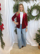 Ruby Red Velvet Blazer-Blazers-skies are blue-The Silo Boutique, Women's Fashion Boutique Located in Warren and Grand Forks North Dakota