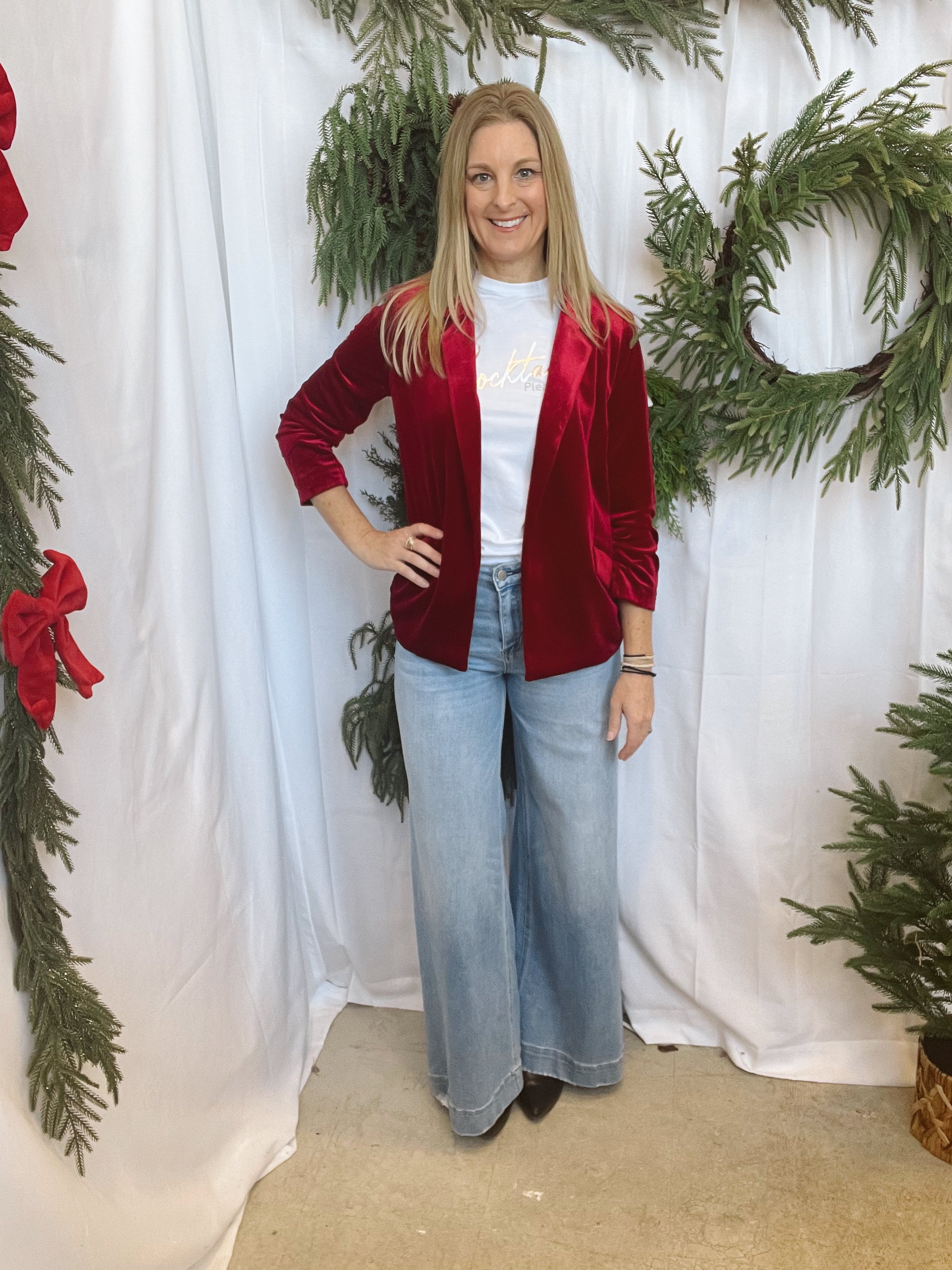 Ruby Red Velvet Blazer-Blazers-skies are blue-The Silo Boutique, Women's Fashion Boutique Located in Warren and Grand Forks North Dakota