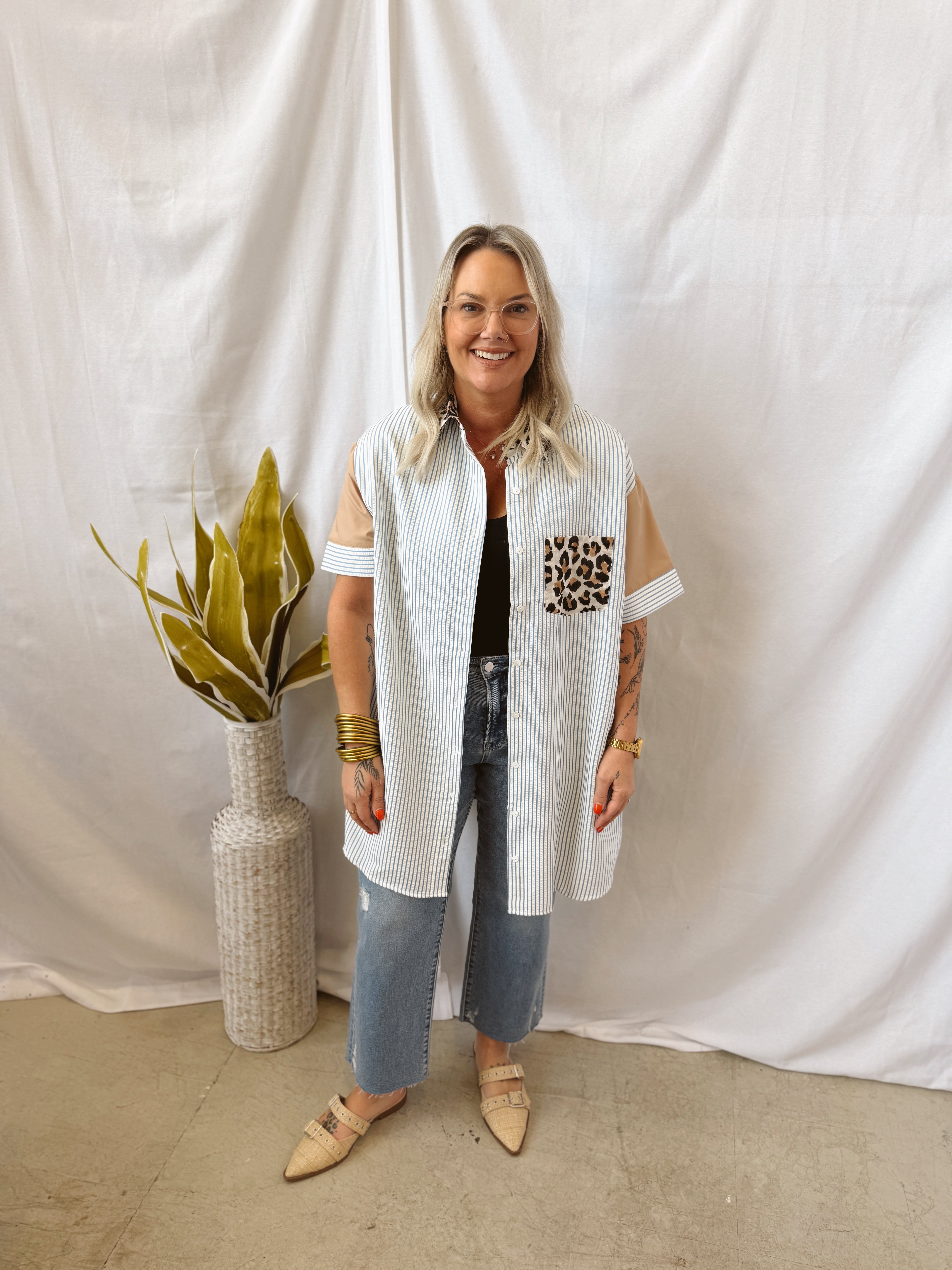 Ashley Short Leopard and Striped Shirt Dress-Final Sale-Long Sleeve Tops-entro-The Silo Boutique, Women's Fashion Boutique Located in Warren and Grand Forks North Dakota